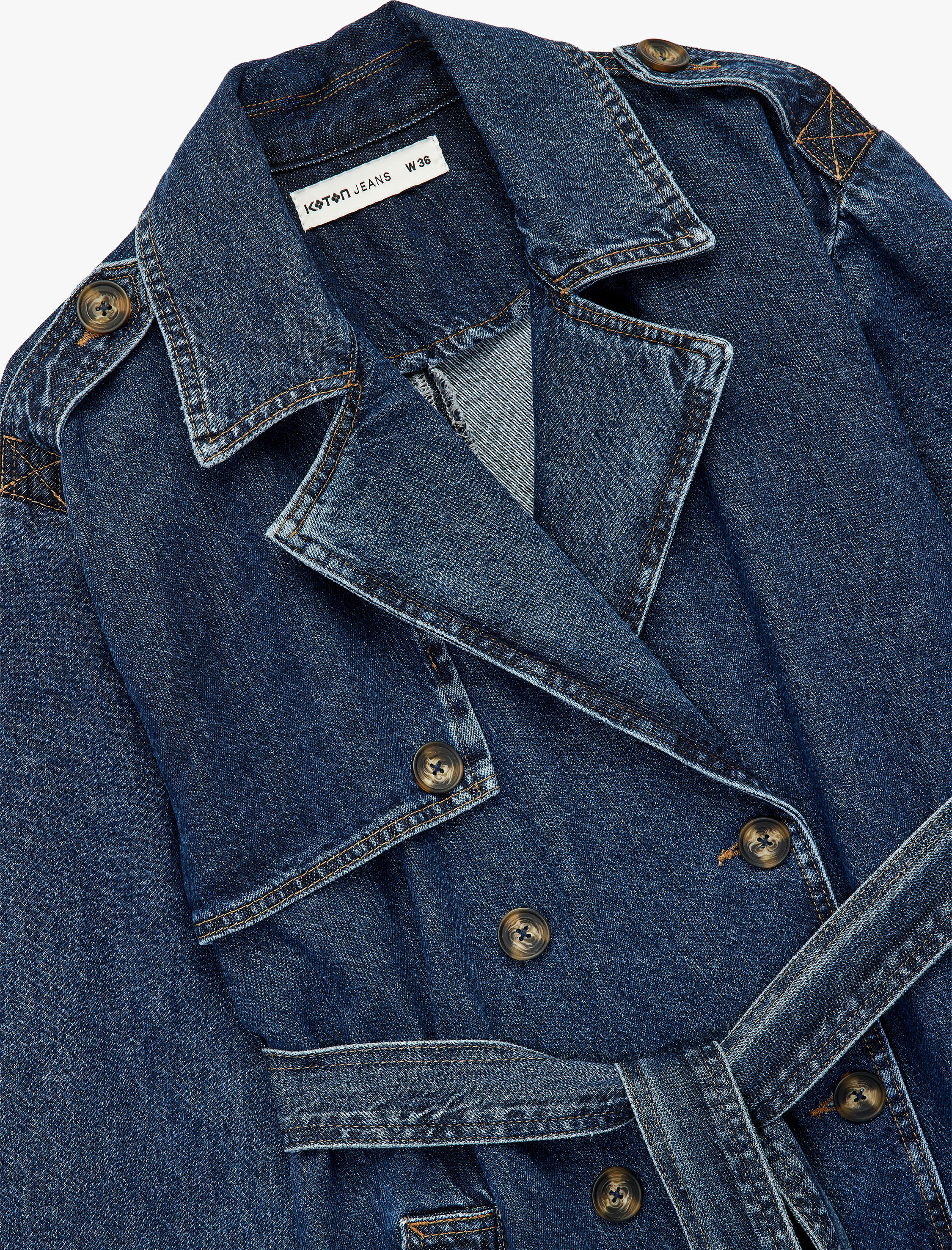   Düğmeli Kemer Detaylı Kruvaze Yaka Uzun Denim Ceket