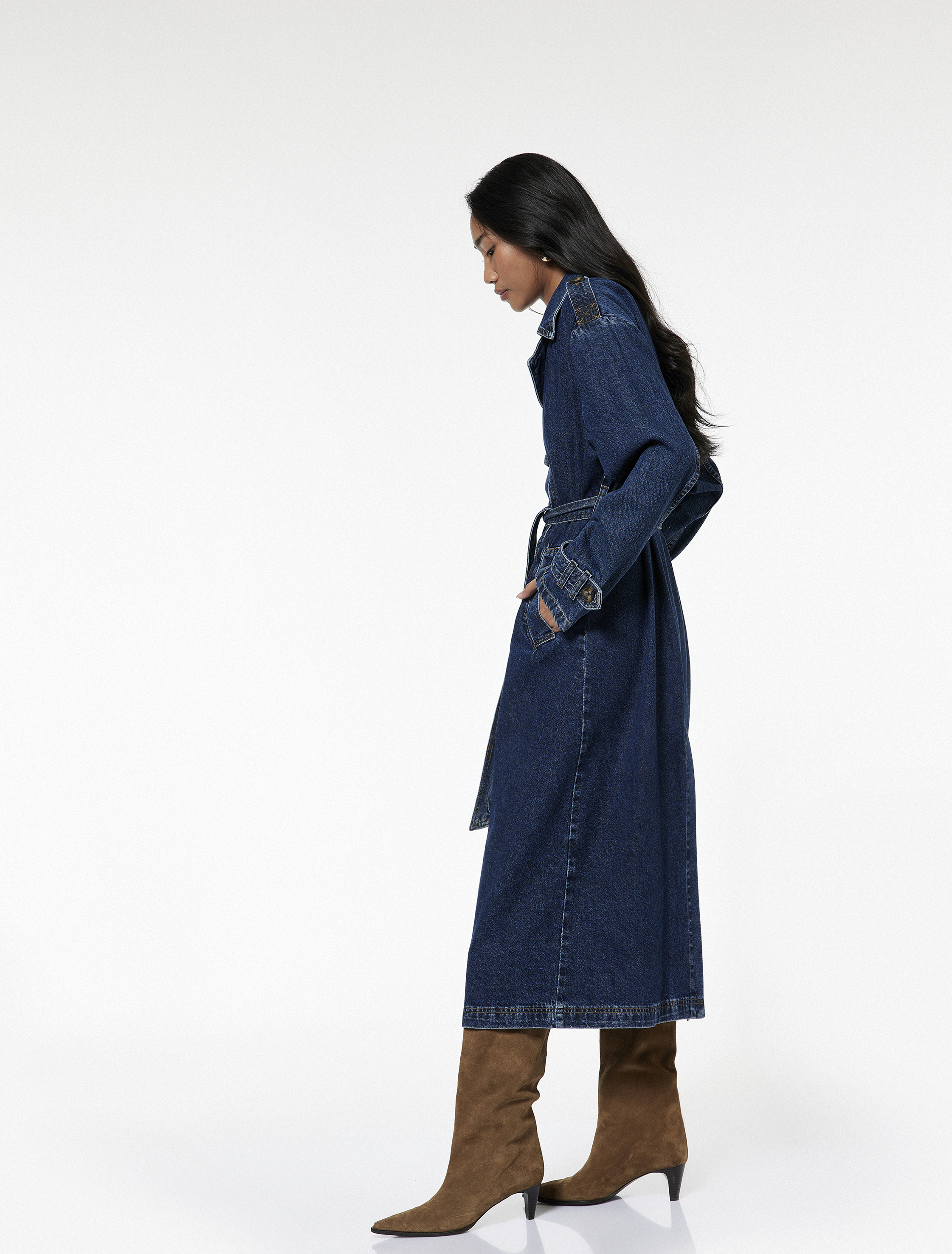   Düğmeli Kemer Detaylı Kruvaze Yaka Uzun Denim Ceket