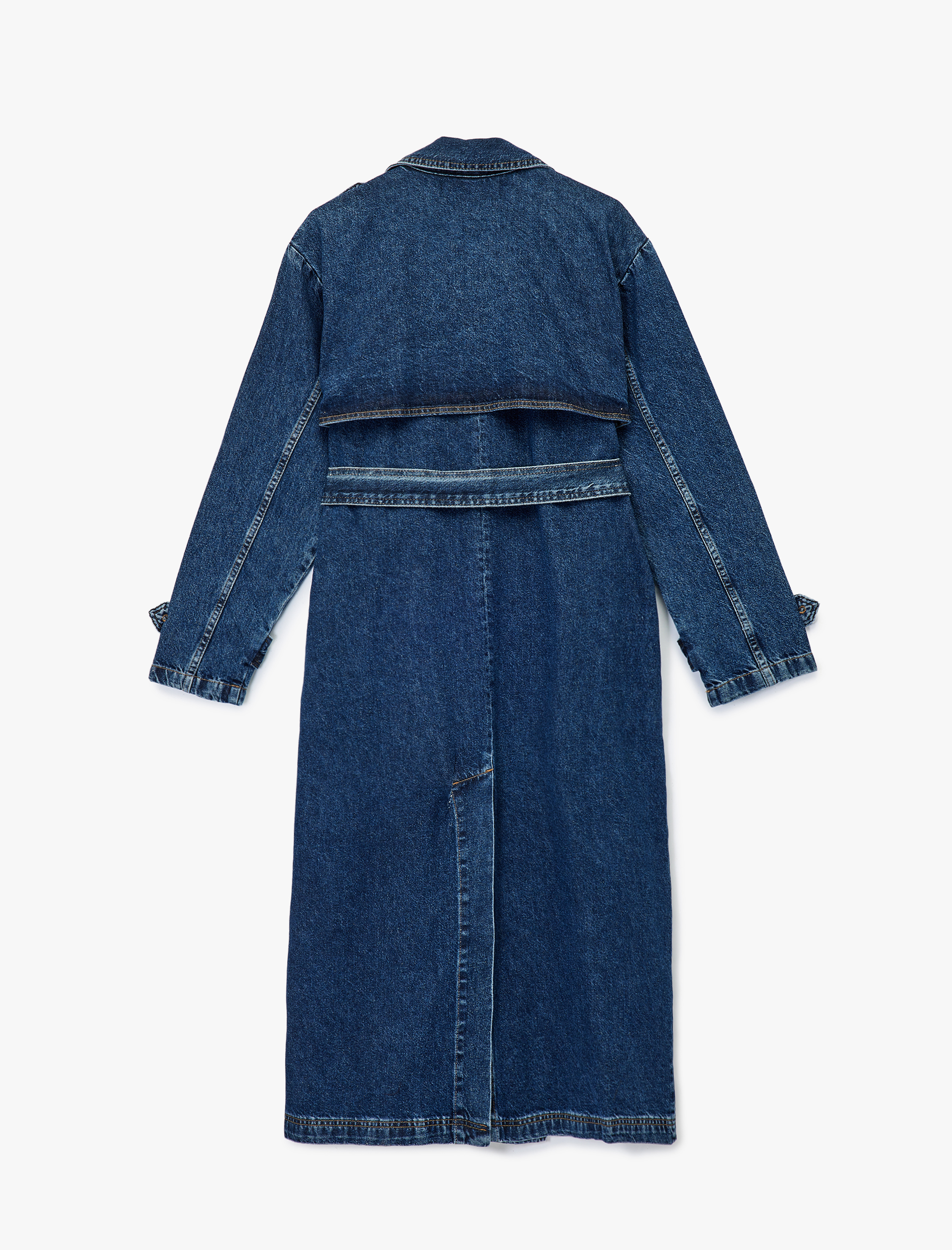   Düğmeli Kemer Detaylı Kruvaze Yaka Uzun Denim Ceket