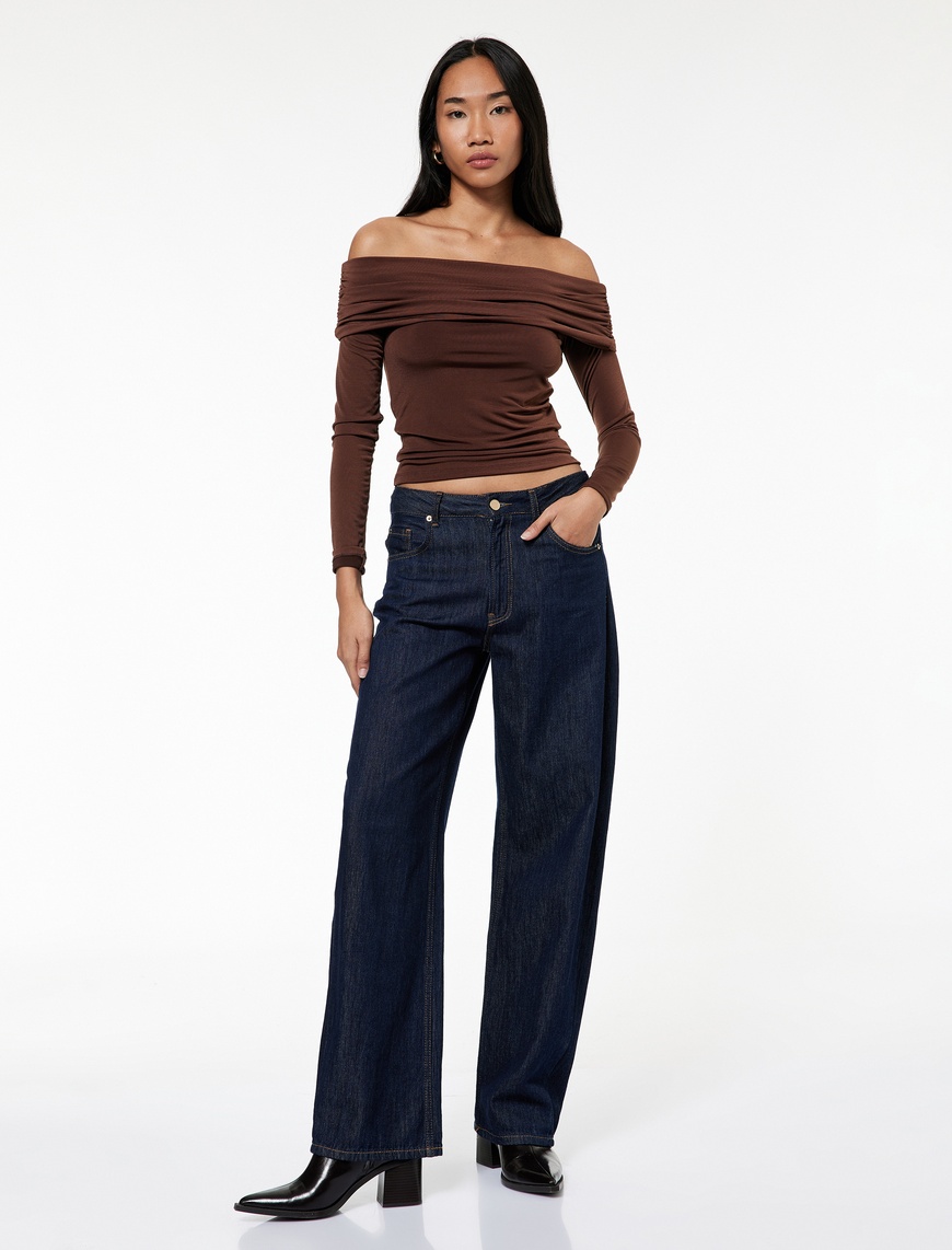   Slim Fit Uzun Kollu Drapeli Omzu Açık Tişört