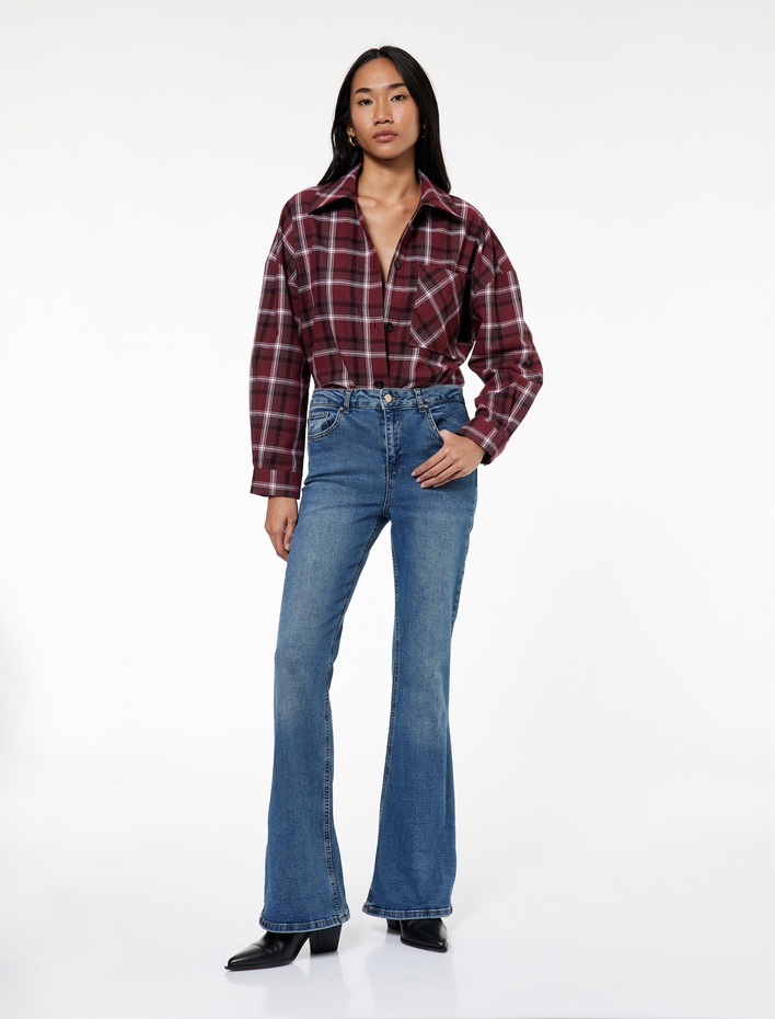  Pamuklu Düğmeli Cepli Dar Kesim Yüksek Bel İspanyol Paça Jean Pantolon - Flare Jeans