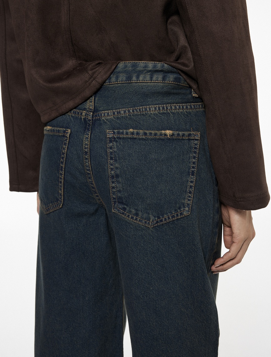   Düşük Bel Düz Paça Pamuklu Straight Yıkamalı Bol Jean Pantolon - Loose Straight Fit Jean