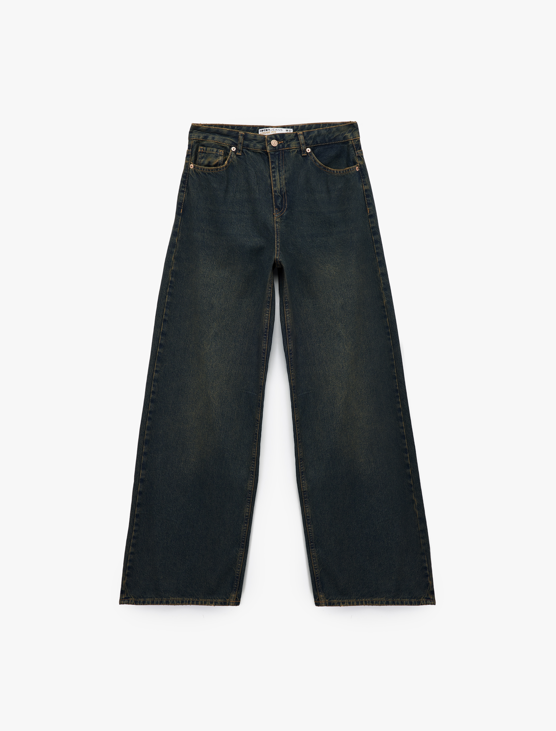   Düşük Bel Düz Paça Pamuklu Straight Yıkamalı Bol Jean Pantolon - Loose Straight Fit Jean