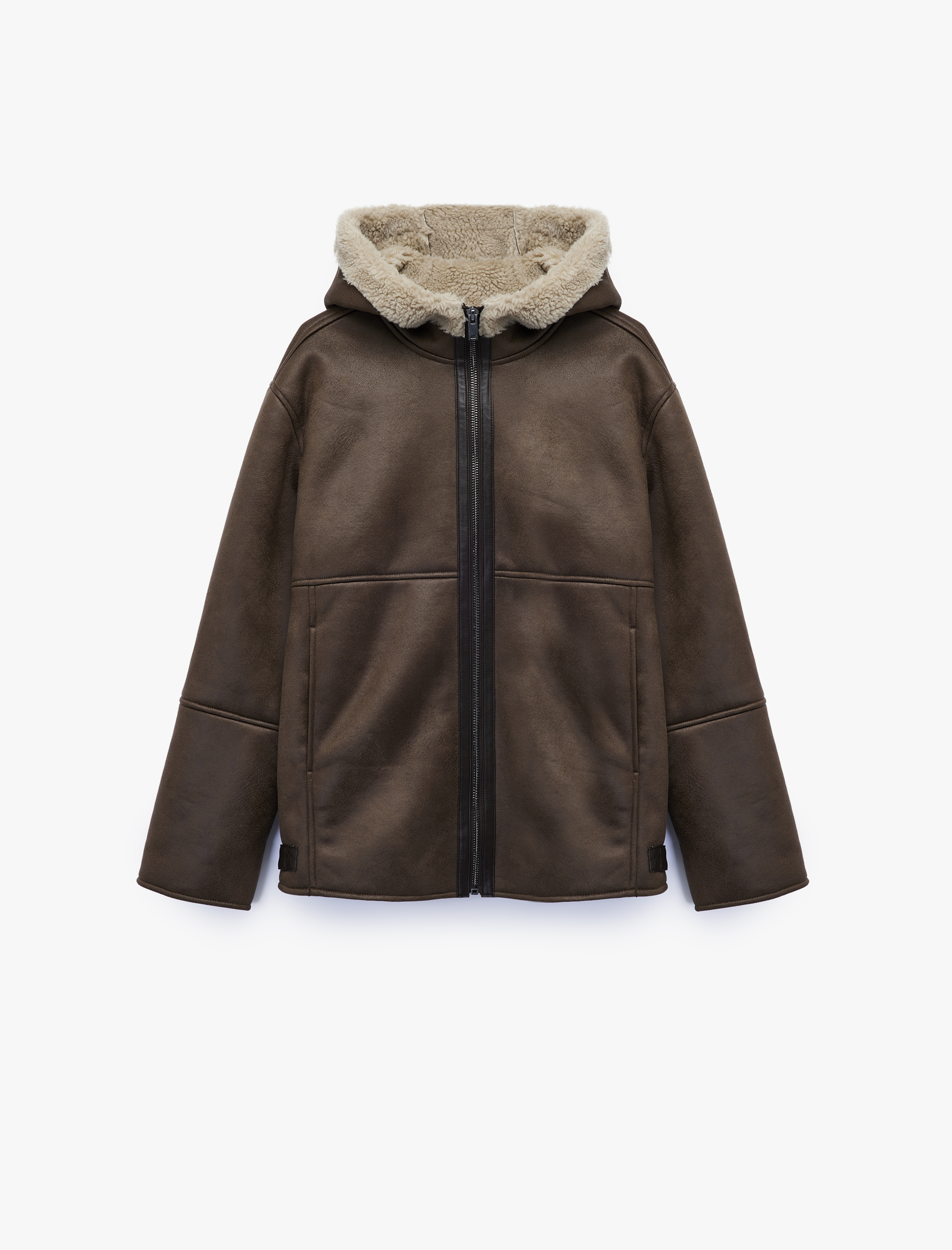   Fermuarlı Uzun Kollu Cepli İçi Suni Kürklü Kapüşonlu Suni Süet Mont