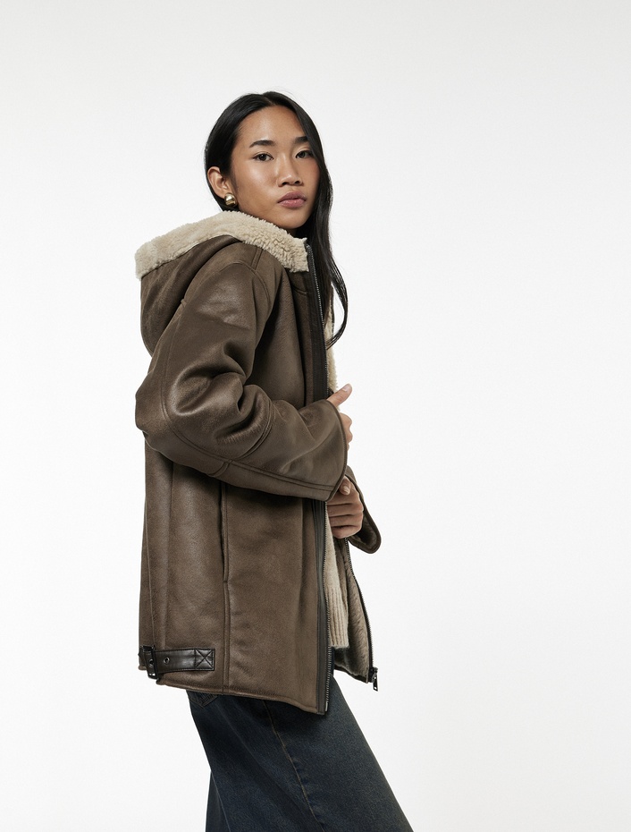  Fermuarlı Uzun Kollu Cepli İçi Suni Kürklü Kapüşonlu Suni Süet Mont