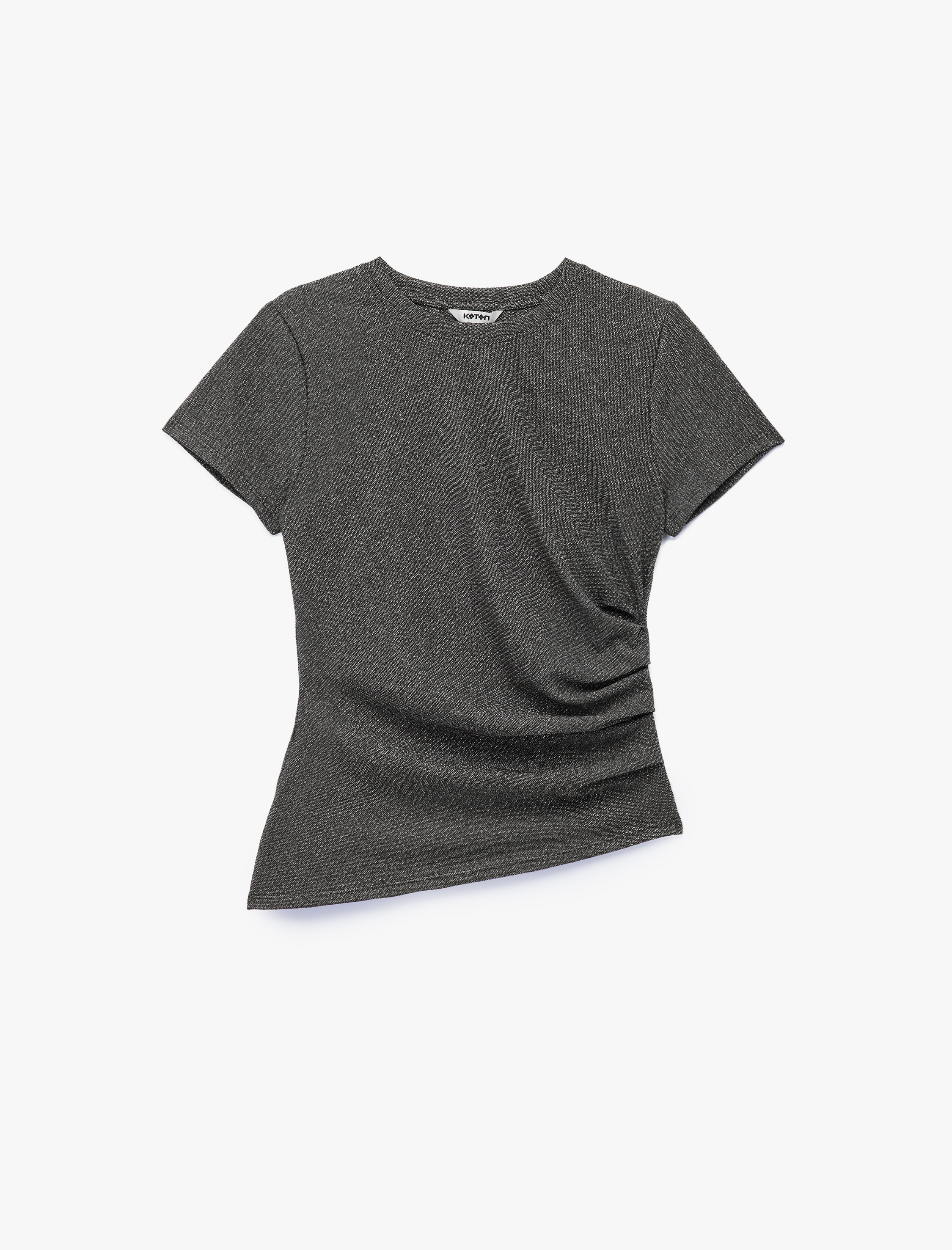 Drape Detaylı Kısa Kollu Bisiklet Yaka Asimetrik Kesim Simli Tişört