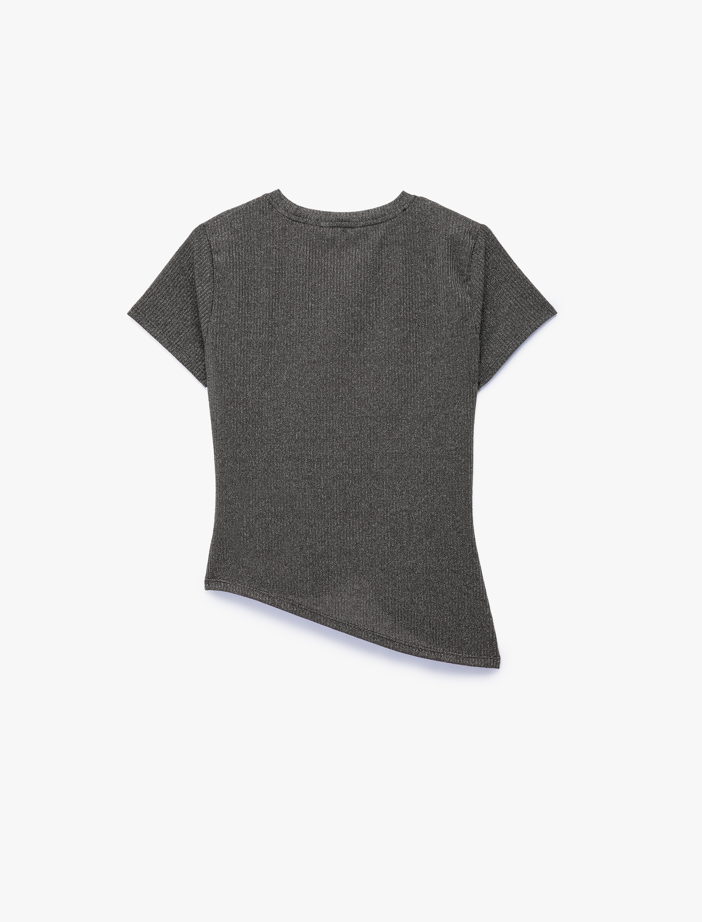 Drape Detaylı Kısa Kollu Bisiklet Yaka Asimetrik Kesim Simli Tişört