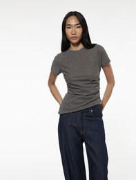 Drape Detaylı Kısa Kollu Bisiklet Yaka Asimetrik Kesim Simli Tişört