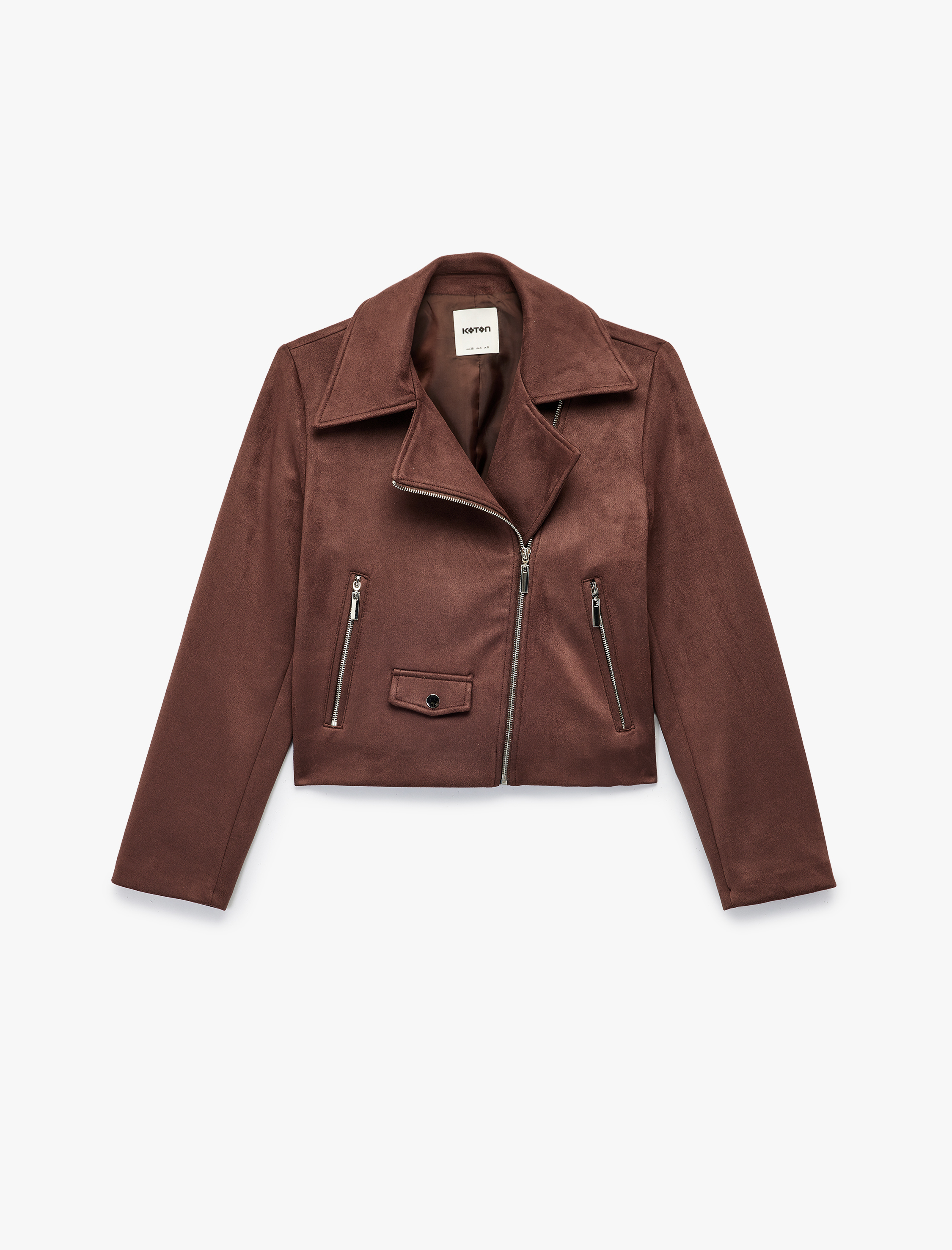   Uzun Kollu Fermuarlı Cepli Kruvaze Crop Suni Süet Ceket