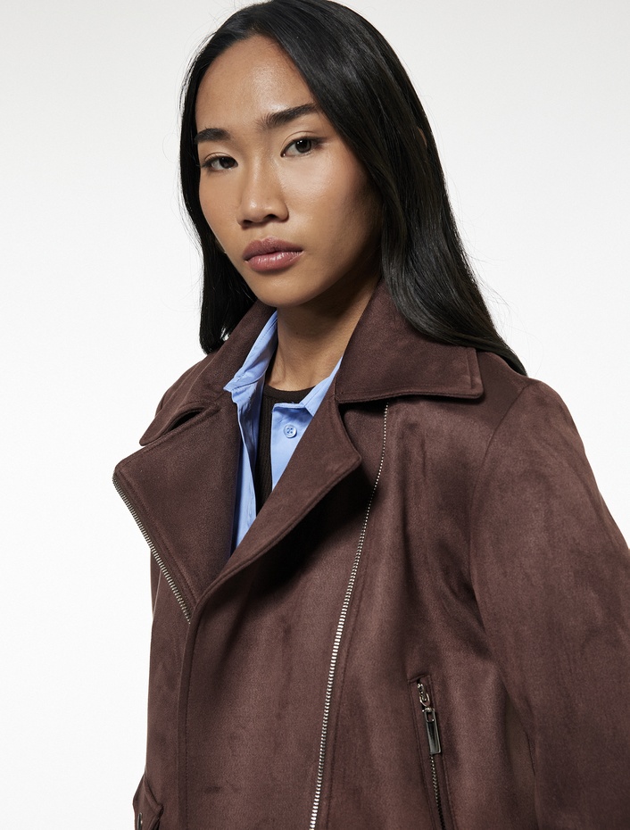  Uzun Kollu Fermuarlı Cepli Kruvaze Crop Suni Süet Ceket