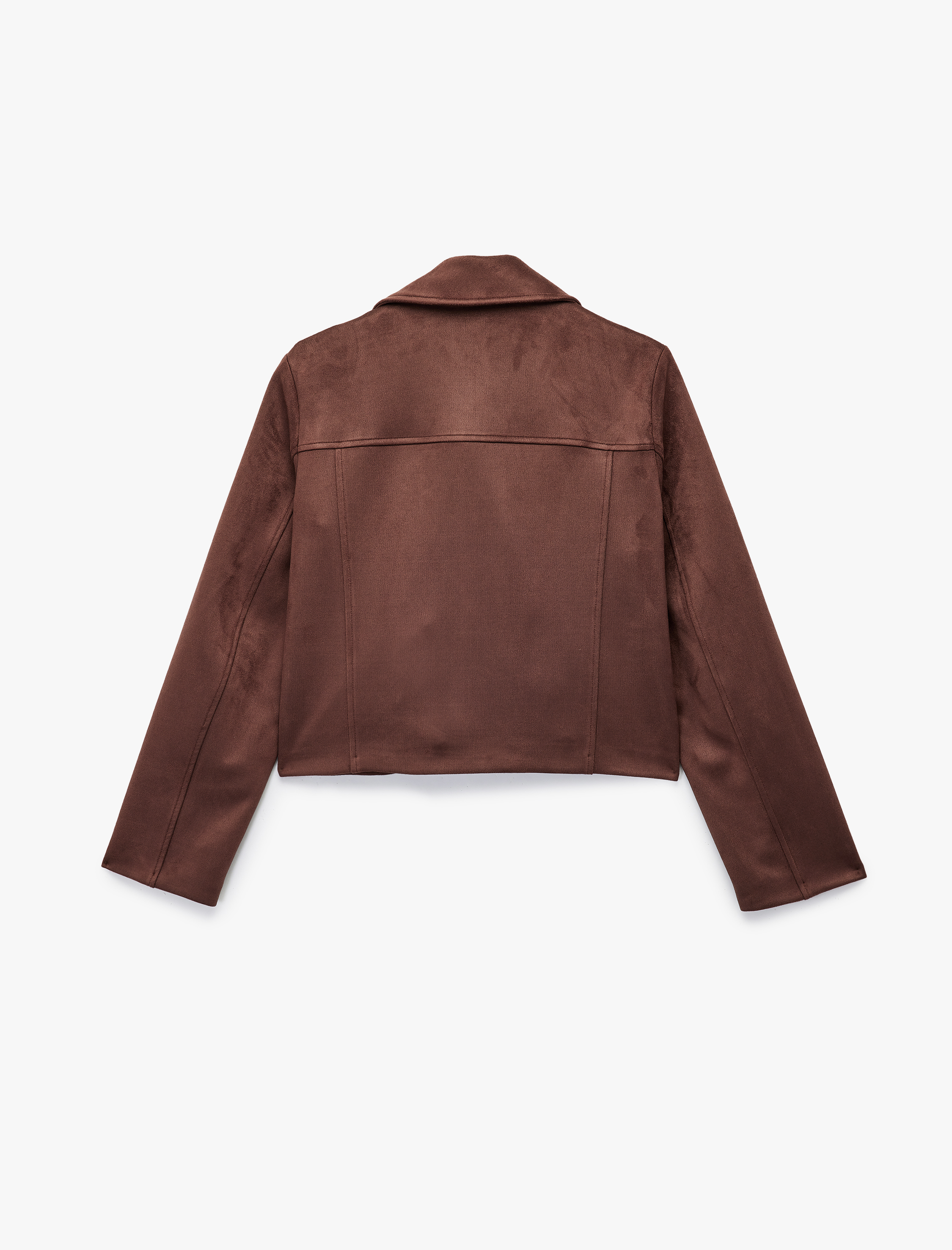   Uzun Kollu Fermuarlı Cepli Kruvaze Crop Suni Süet Ceket