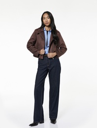 Uzun Kollu Fermuarlı Cepli Kruvaze Crop Suni Süet Ceket