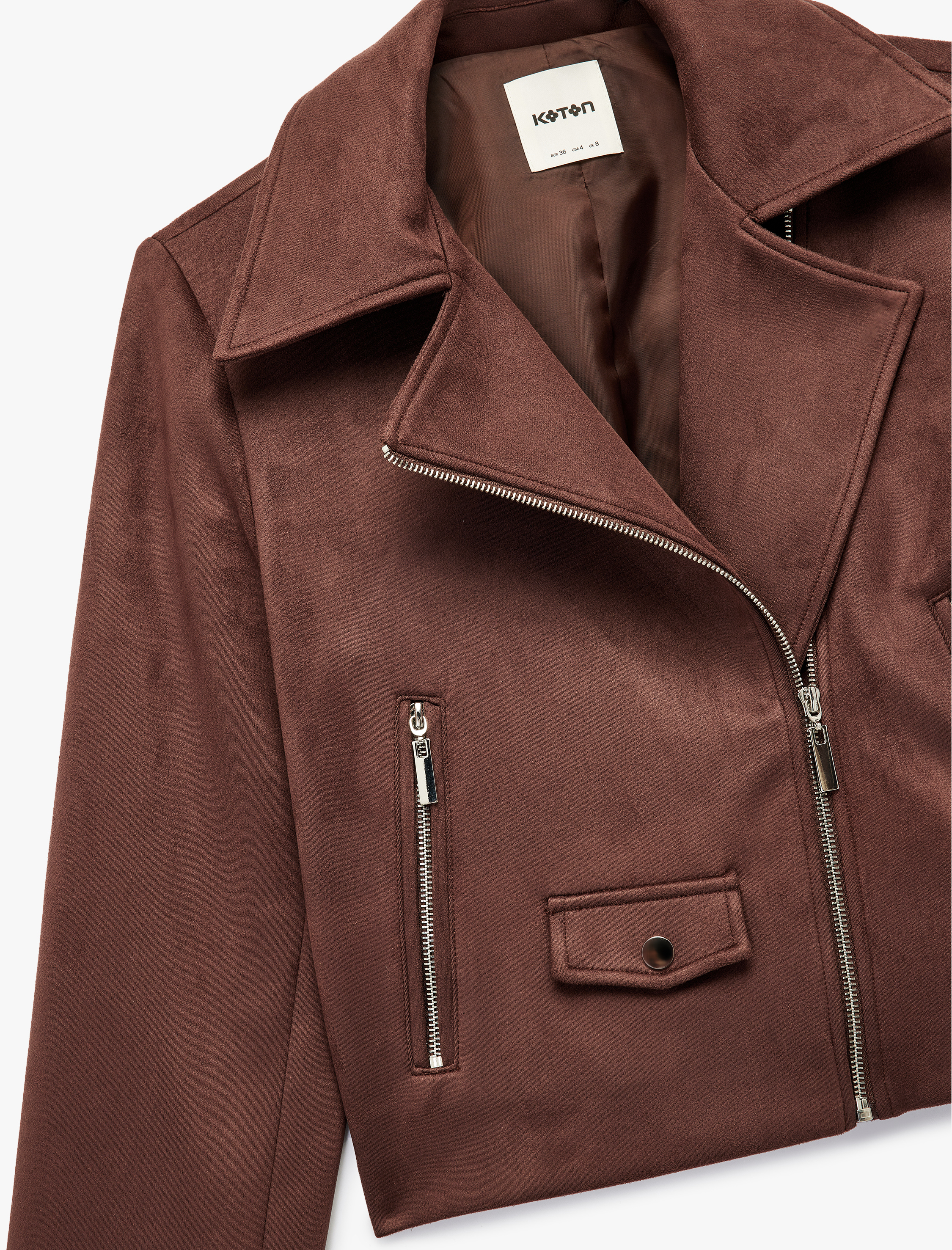   Uzun Kollu Fermuarlı Cepli Kruvaze Crop Suni Süet Ceket