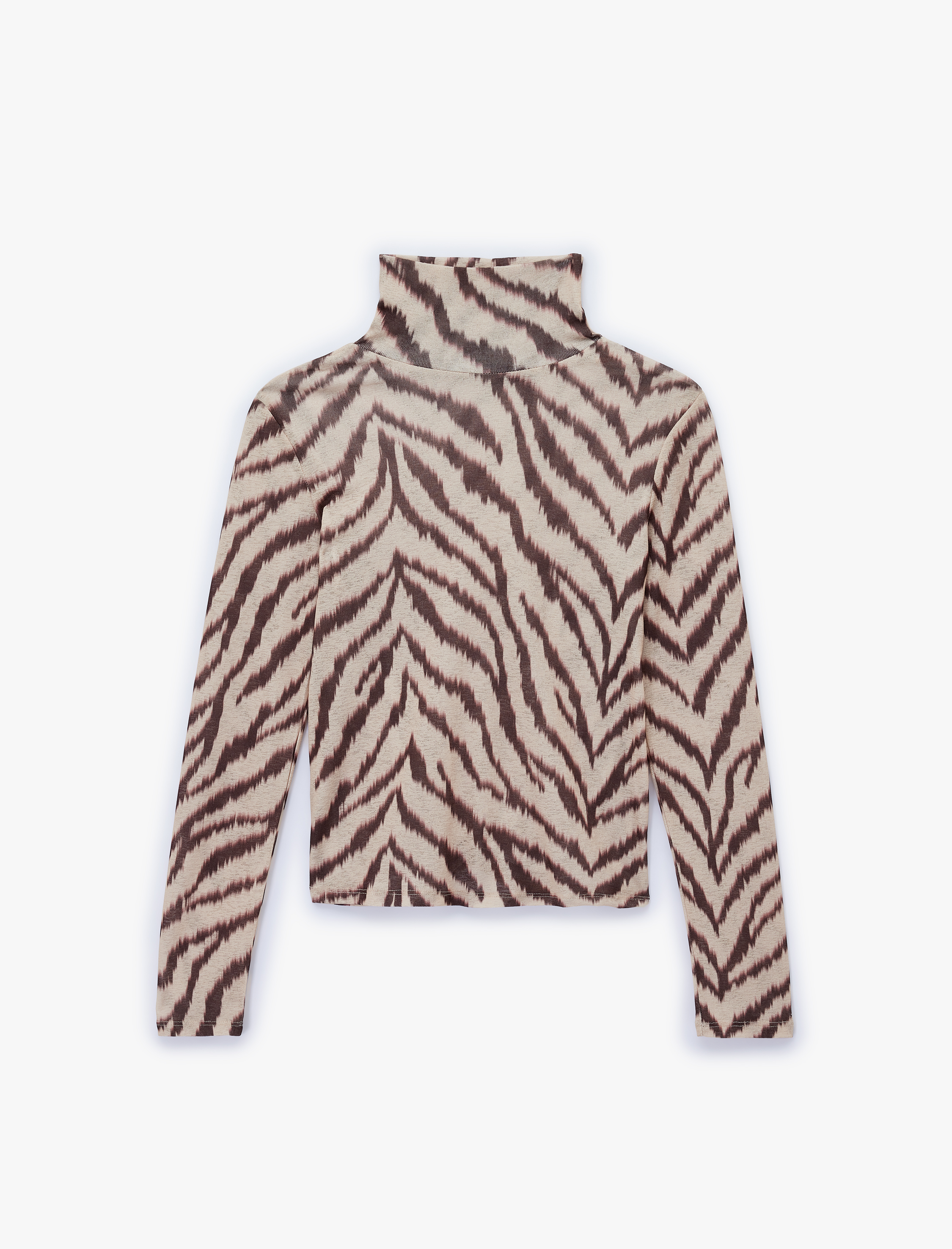   Slim Fit Uzun Kollu Zebra Desenli Balıkçı Yaka Tişört