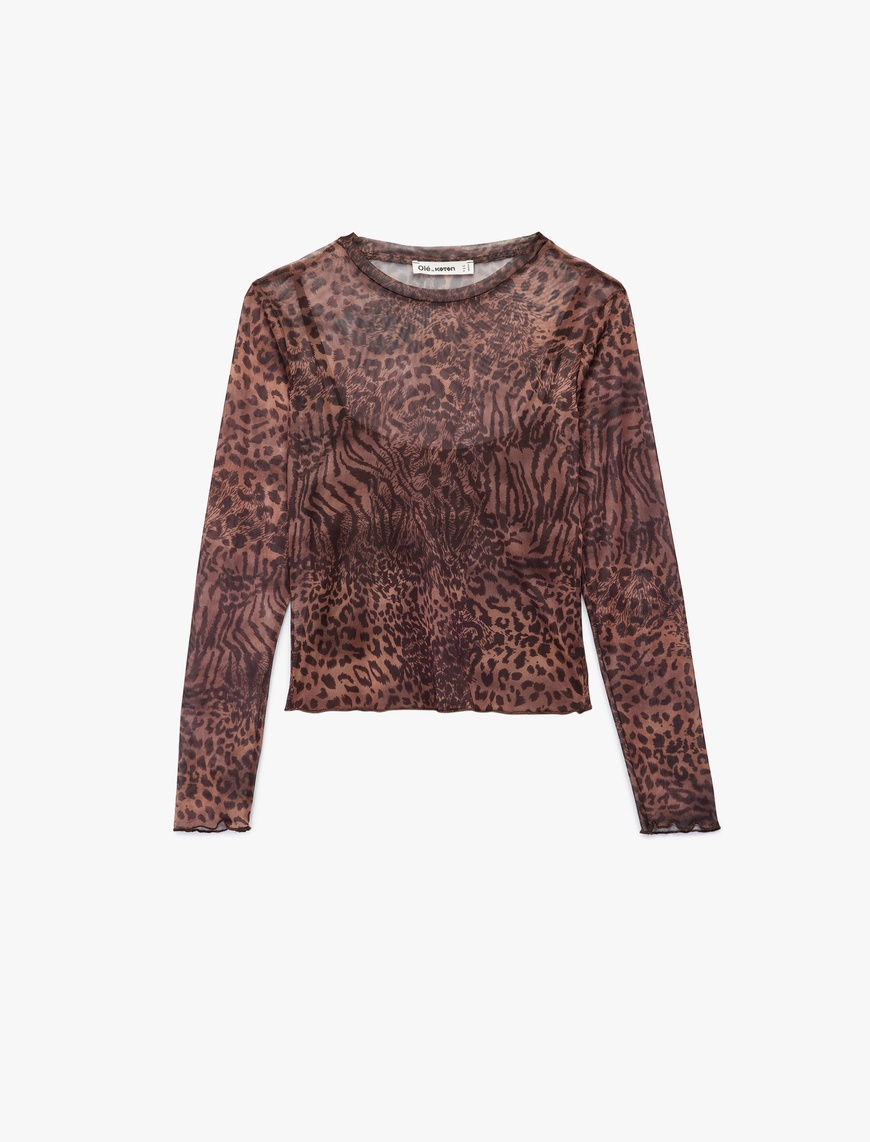   Slim Fit Uzun Kollu Leopar Baskılı Tül Tişört