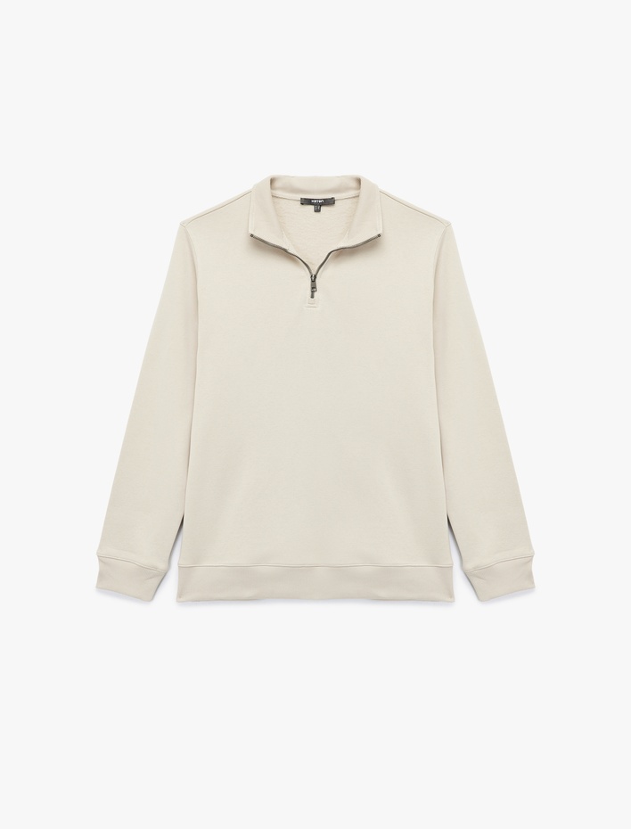  Uzun Kollu Şardonlu Basic Yarım Fermuarlı Sweatshirt