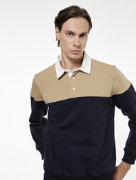 Uzun Kollu Şardonlu Renk Bloklu Polo Yaka Sweatshirt