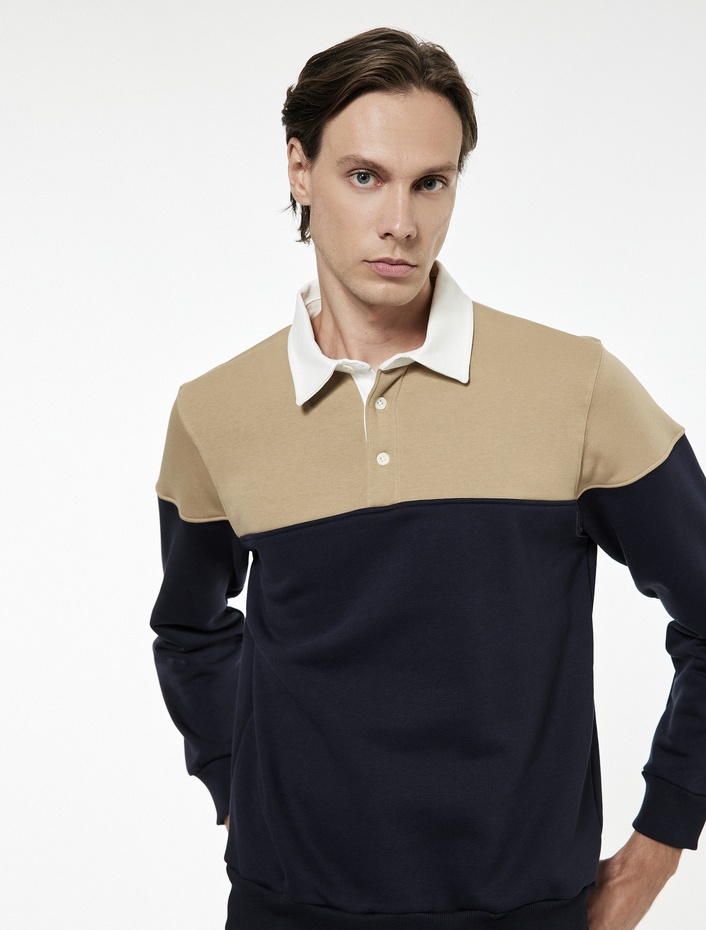  Uzun Kollu Şardonlu Renk Bloklu Polo Yaka Sweatshirt