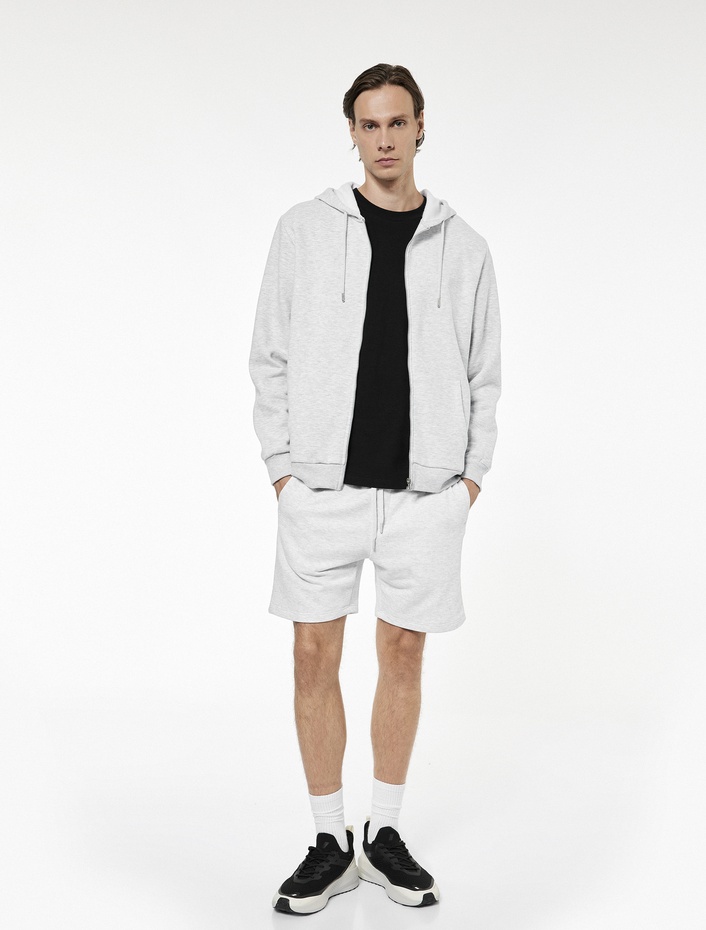  Uzun Kollu Fermuarlı Cep Detaylı Kapüşonlu Oversize Spor Sweatshirt