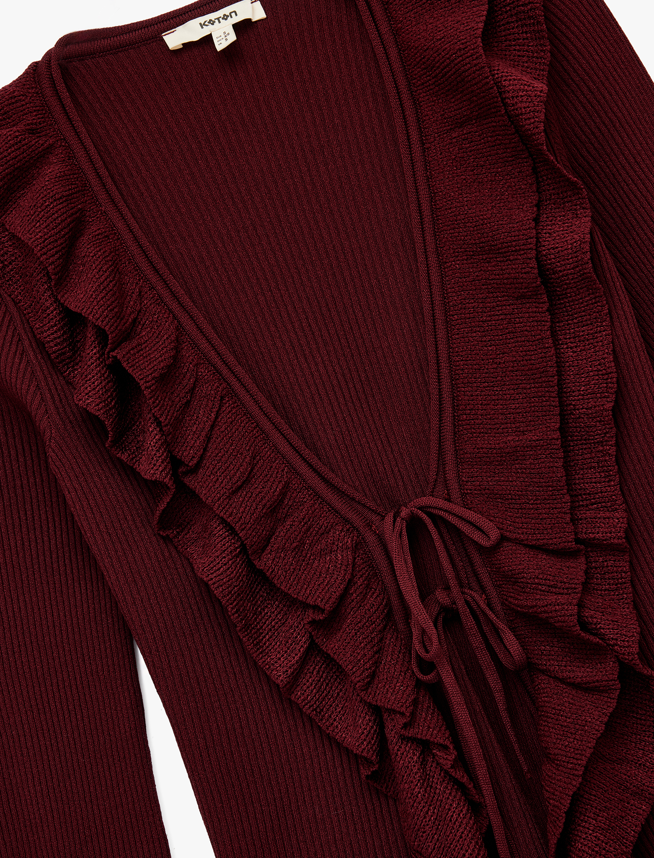   Önden Bağlama Detaylı Uzun Kollu V Yaka Fırfırlı Triko Hırka