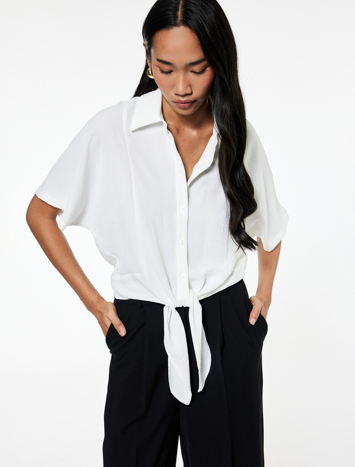  Aerobin Kumaş Kısa Kollu Önden Bağlama Detaylı Crop Gömlek