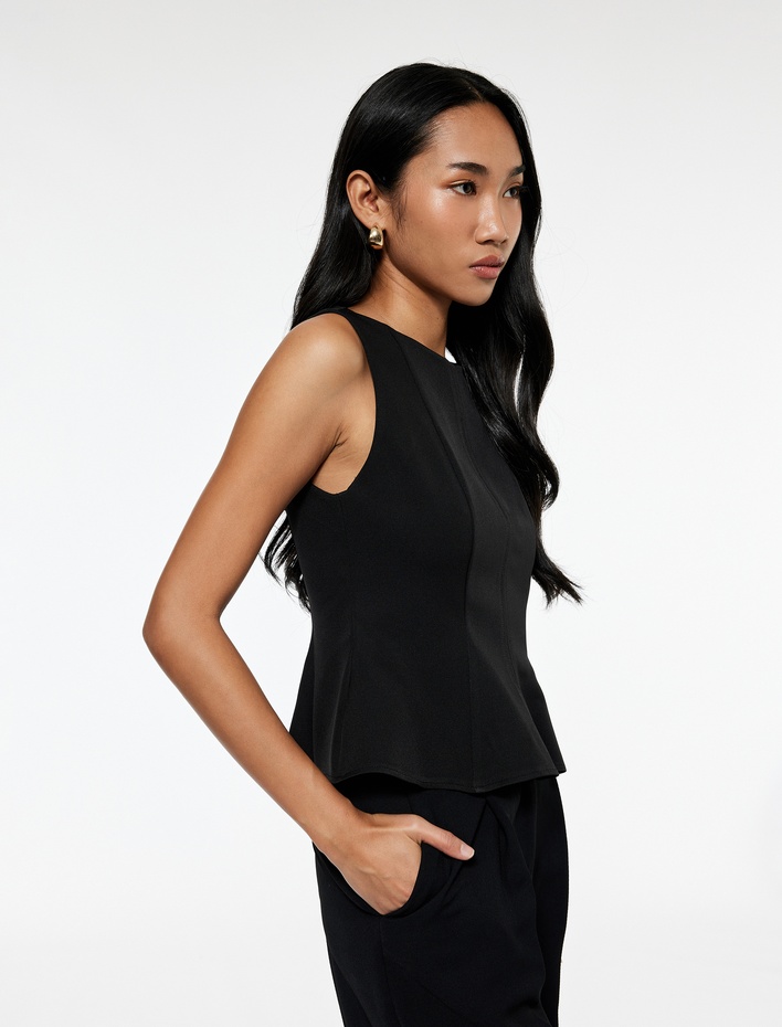  Dar Kalıp Bisiklet Yaka Kolsuz Peplum Bluz