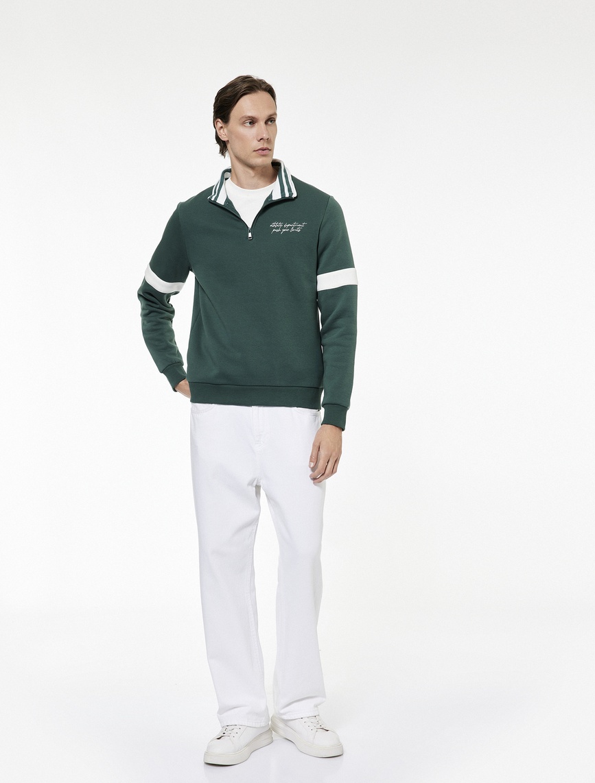 Koton Erkek Şardonlu Uzun Kollu Kolej Nakışlı Renk Kontrastlı Yarım Fermuarlı Sweatshirt