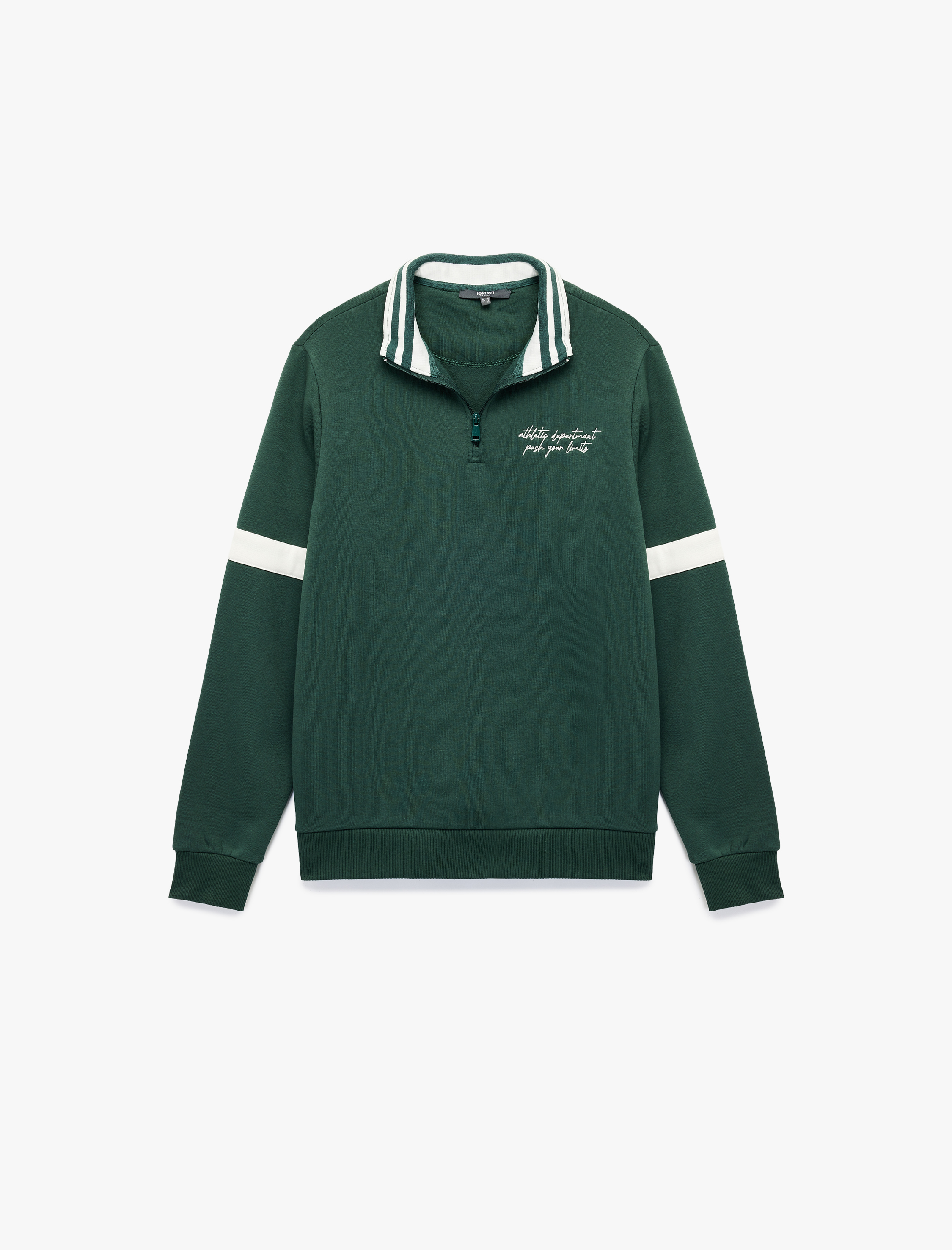 Şardonlu Uzun Kollu Kolej Nakışlı Renk Kontrastlı Yarım Fermuarlı Sweatshirt