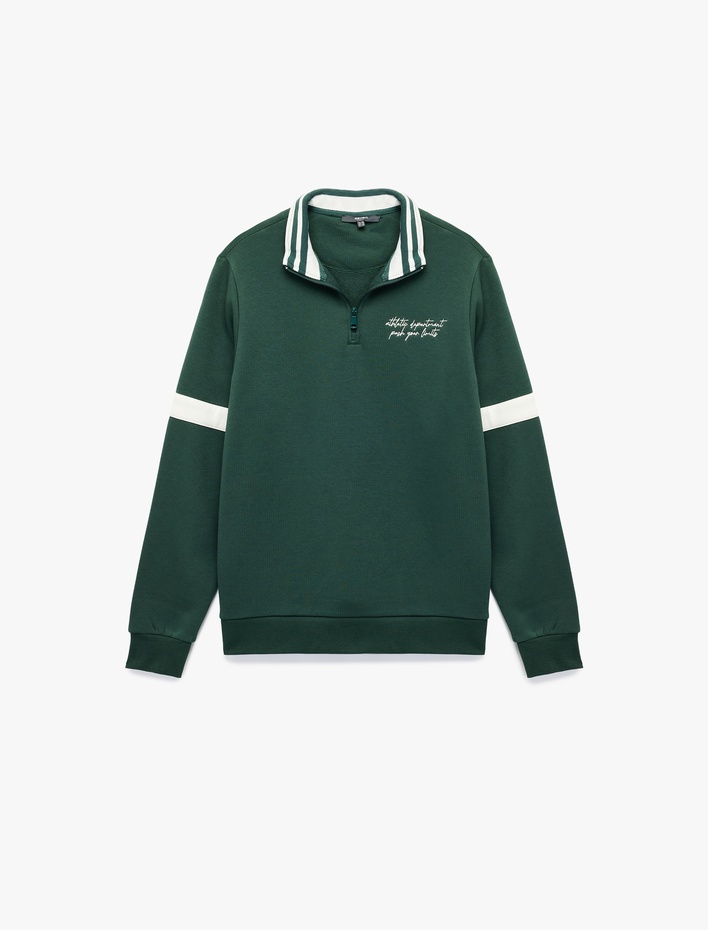  Şardonlu Uzun Kollu Kolej Nakışlı Renk Kontrastlı Yarım Fermuarlı Sweatshirt