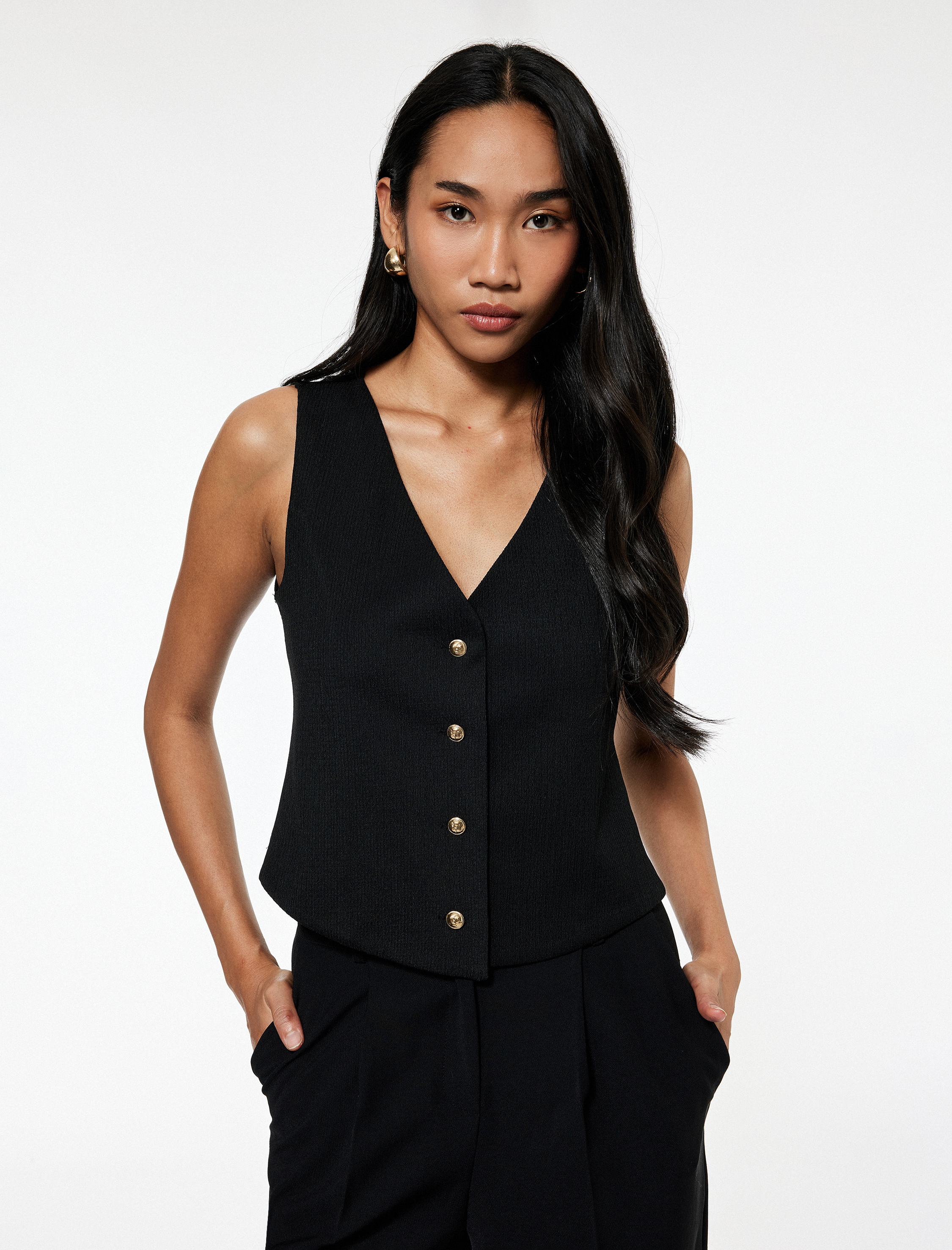   Bürümcük Kumaş Dokulu V Yaka Düğmeli Yelek