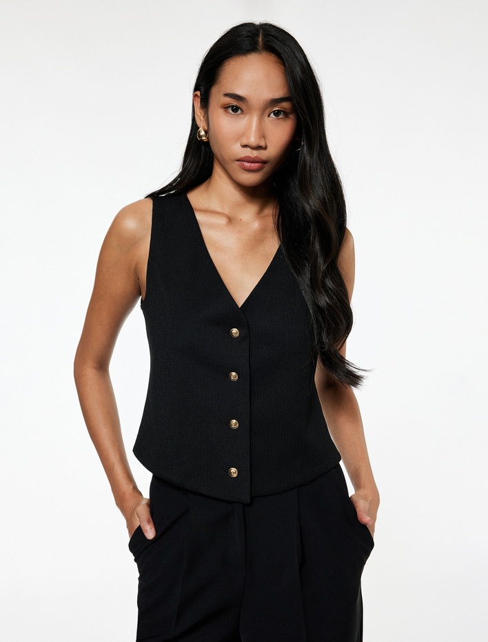  Bürümcük Kumaş Dokulu V Yaka Düğmeli Yelek