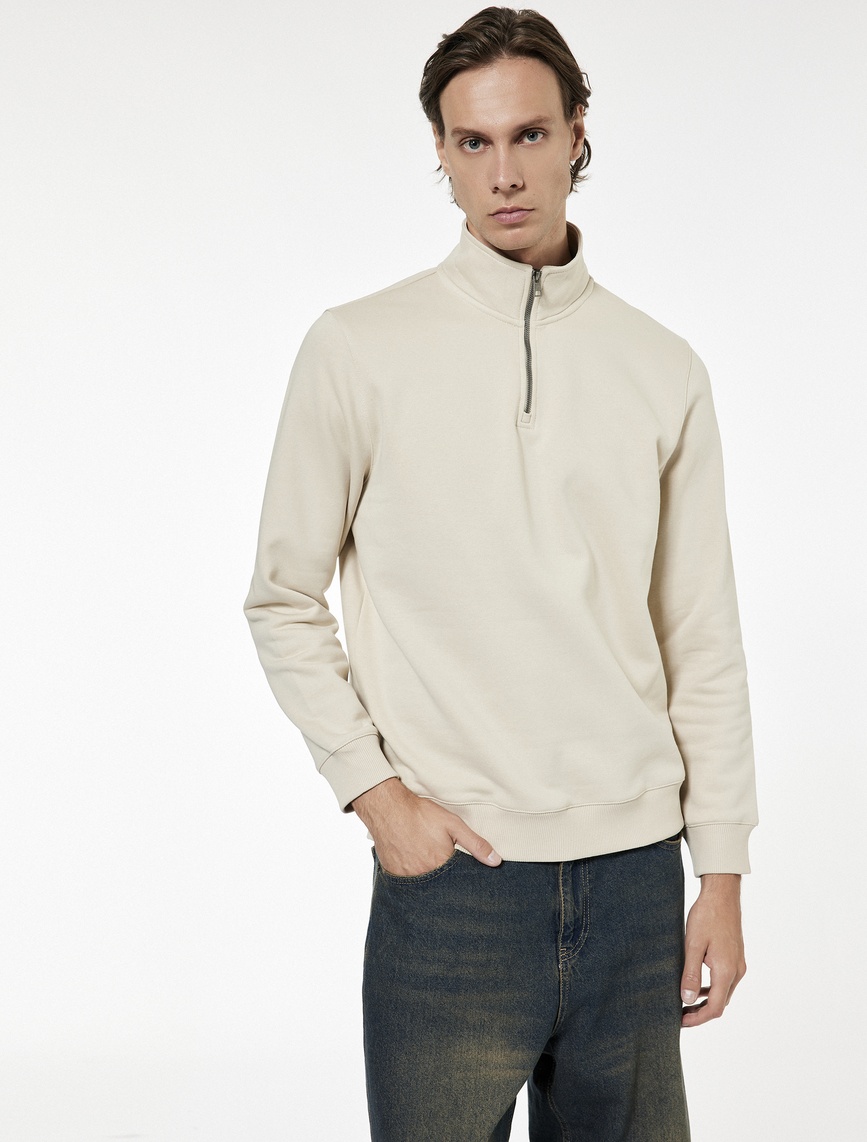   Uzun Kollu Şardonlu Basic Yarım Fermuarlı Sweatshirt