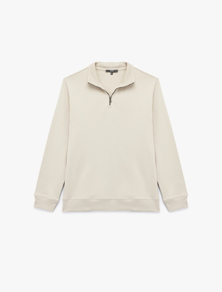  Uzun Kollu Şardonlu Basic Yarım Fermuarlı Sweatshirt