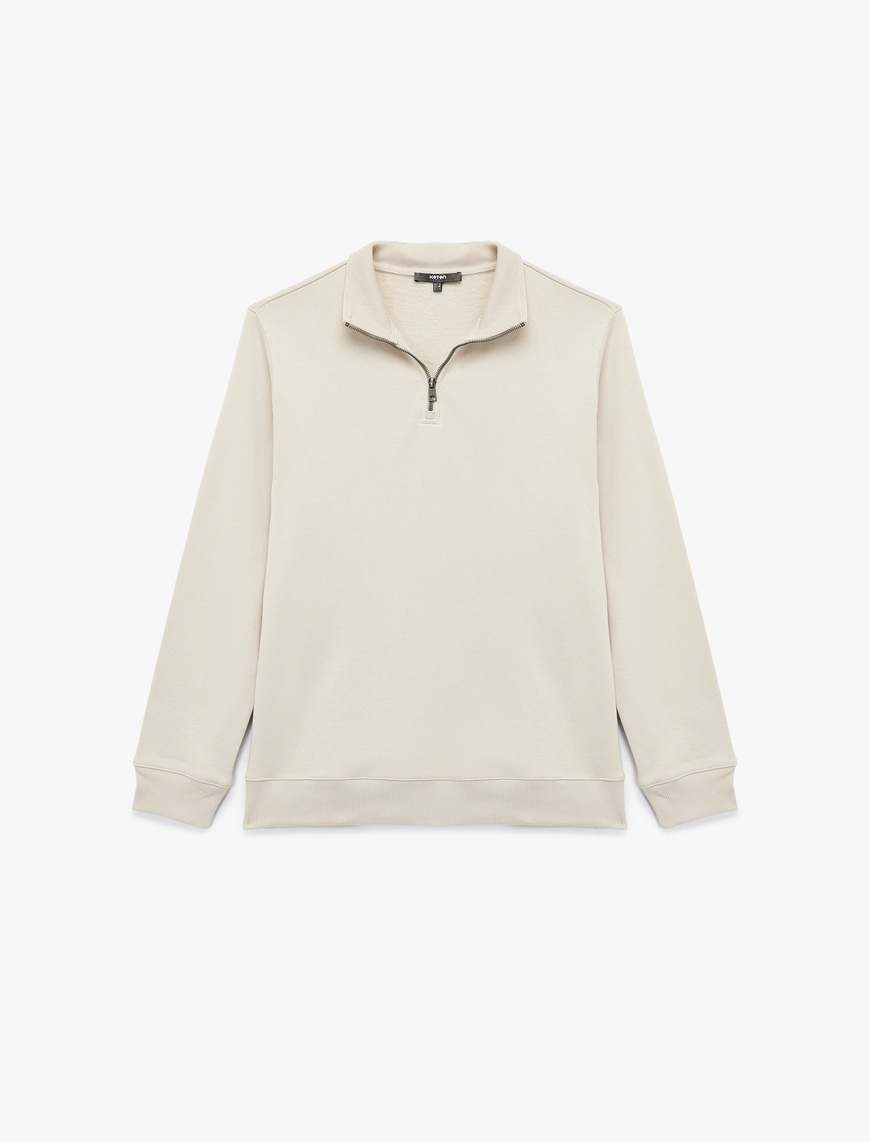   Uzun Kollu Şardonlu Basic Yarım Fermuarlı Sweatshirt