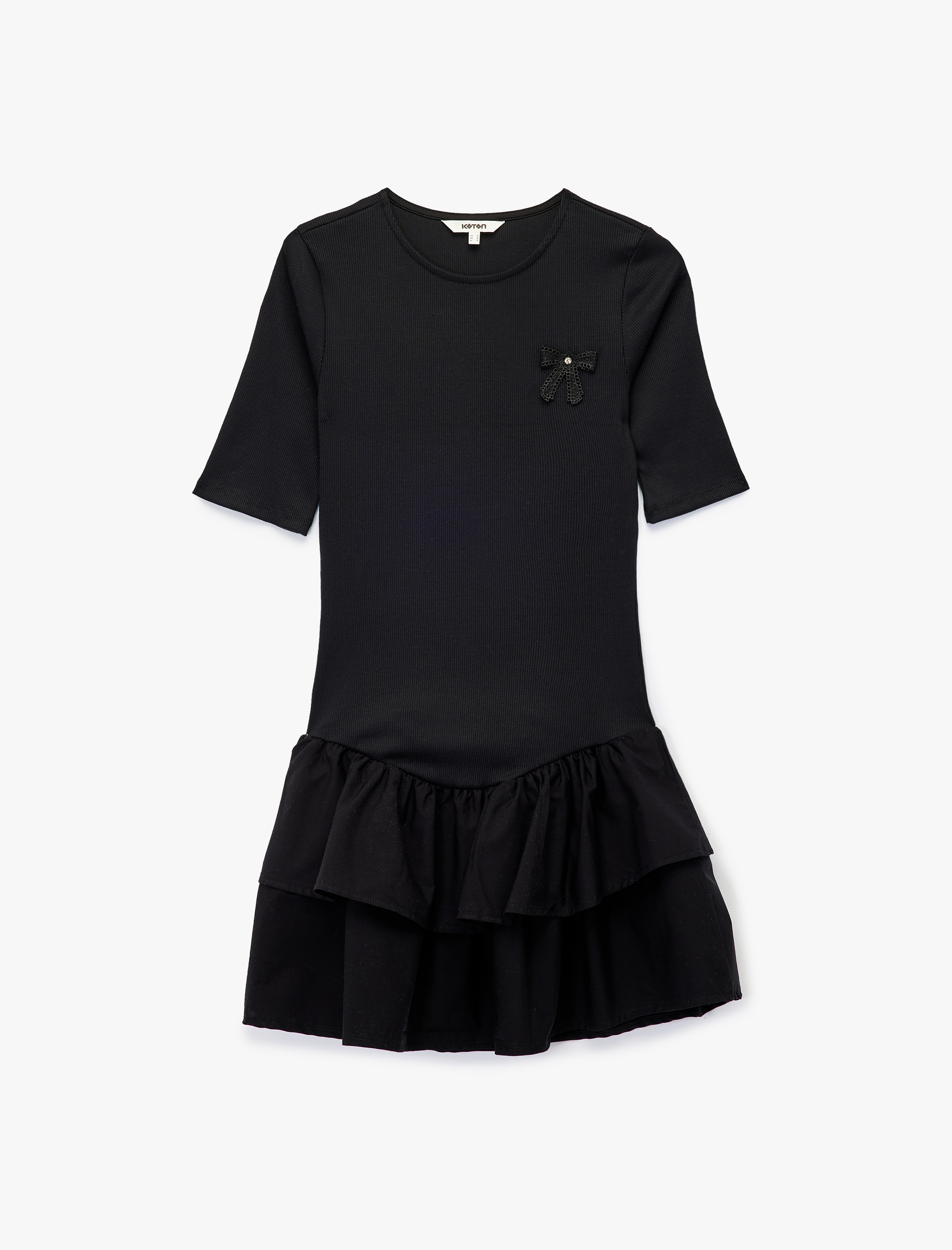 Pamuklu Kaşkorse Fiyonk Broş Detaylı Kısa Kollu Bisiklet Yaka Fırfırlı Mini Elbise