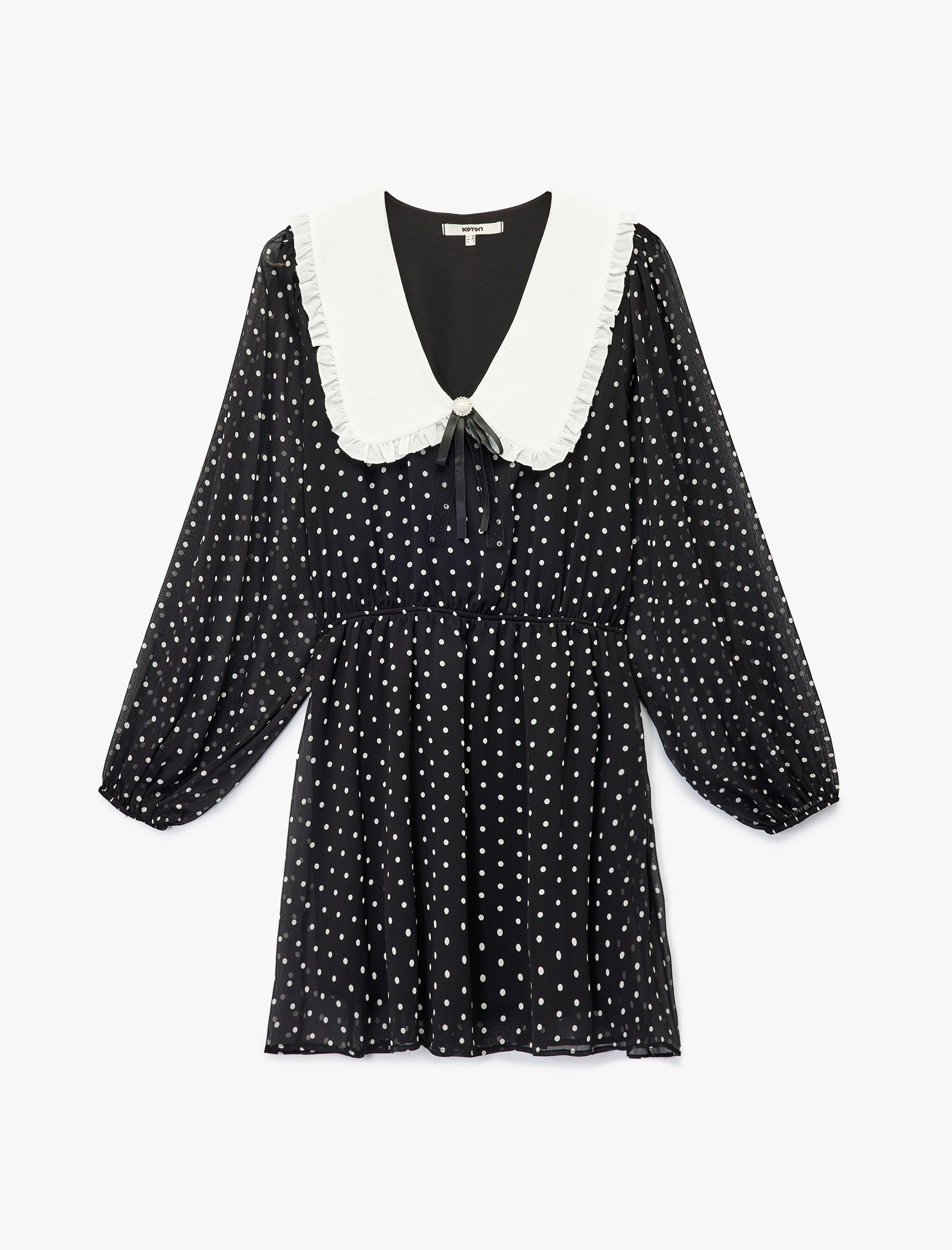   Geniş Bebe Yaka Uzun Kollu Puantiyeli Şifon Mini Elbise