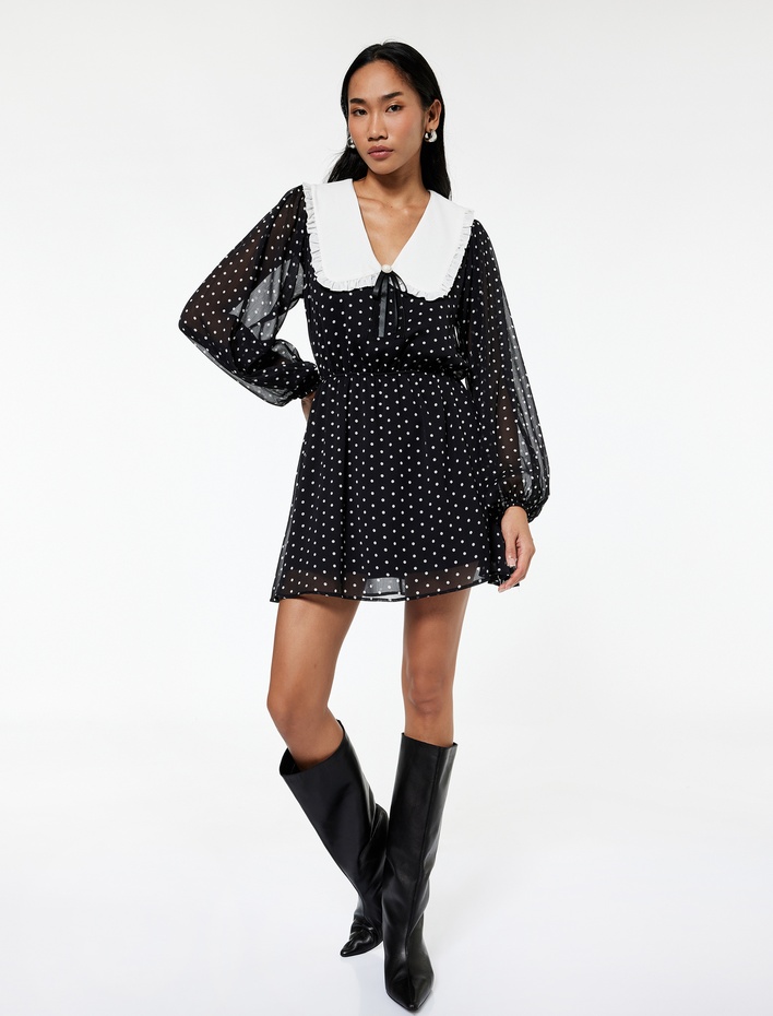  Geniş Bebe Yaka Uzun Kollu Puantiyeli Şifon Mini Elbise