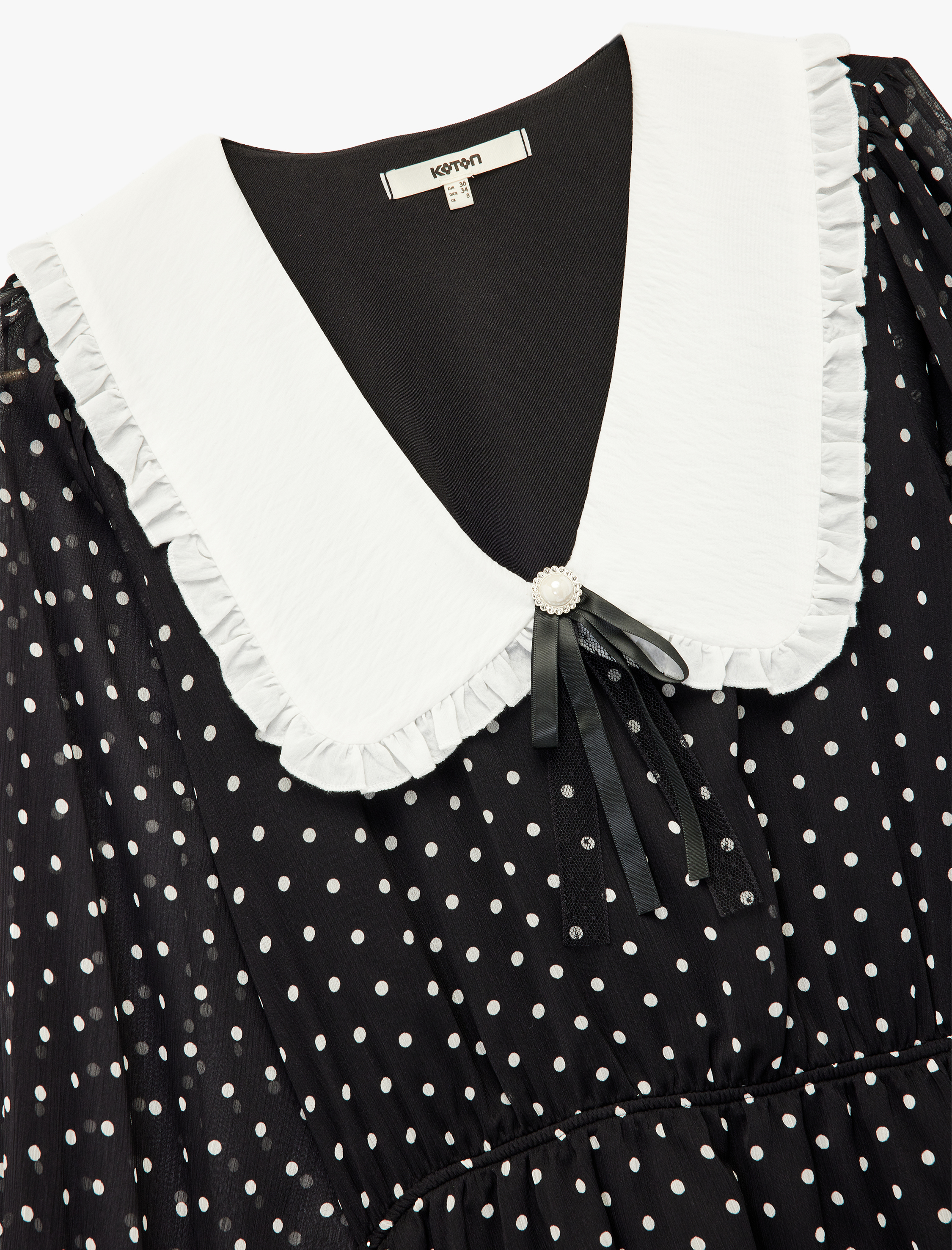   Geniş Bebe Yaka Uzun Kollu Puantiyeli Şifon Mini Elbise