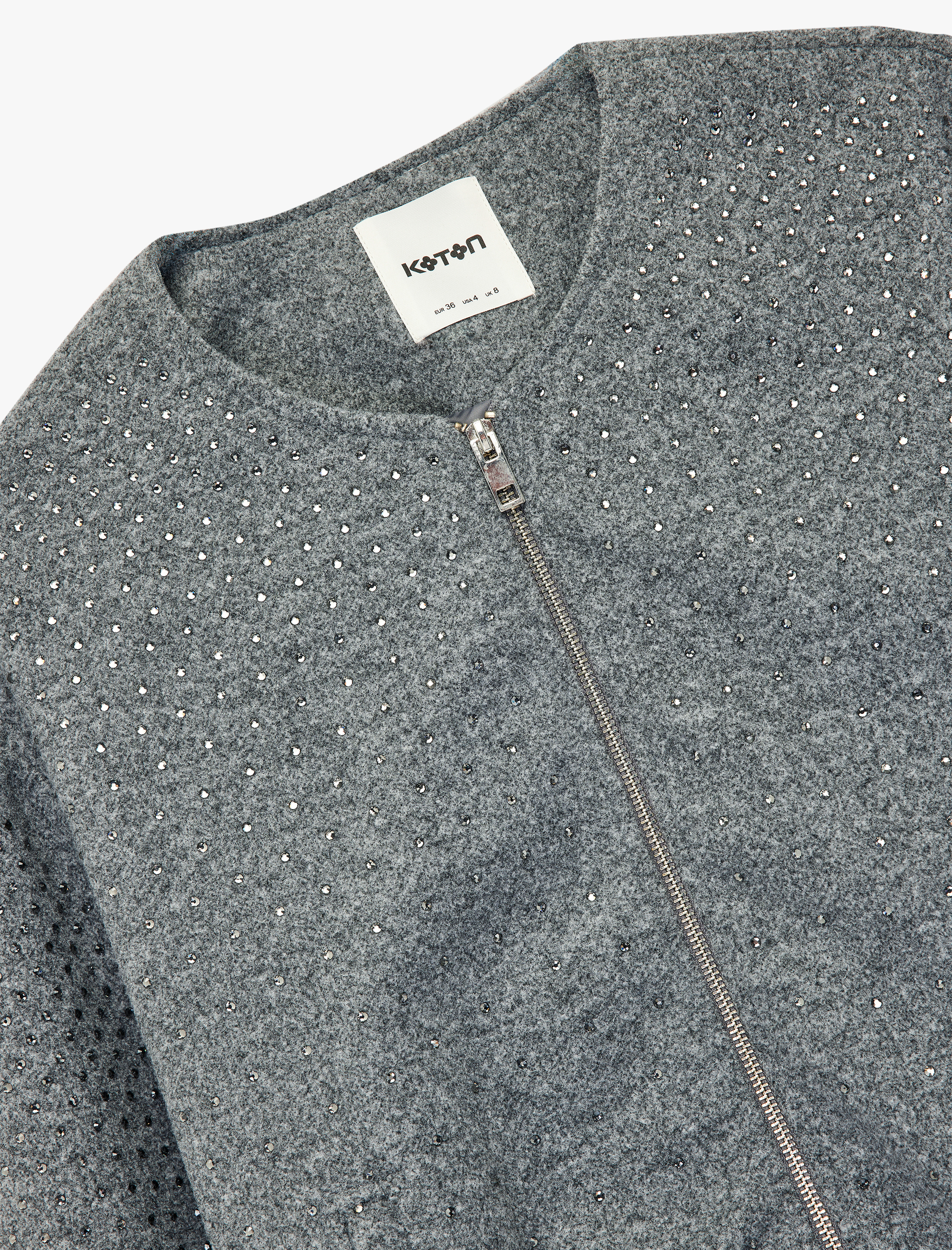   Cepli Uzun Kollu Bisiklet Yaka Crop Taşlı Kaşe Bomber Ceket