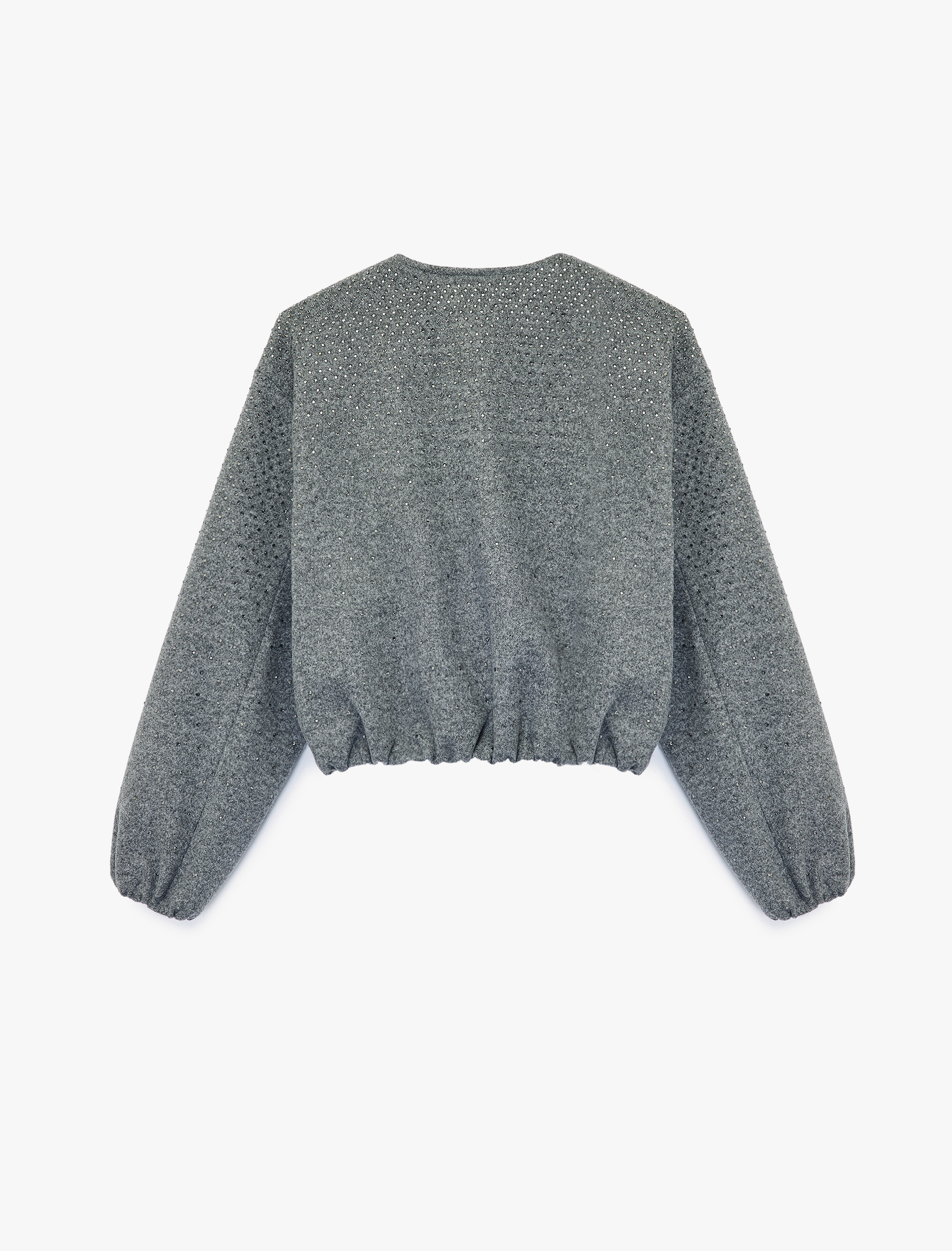   Cepli Uzun Kollu Bisiklet Yaka Crop Taşlı Kaşe Bomber Ceket