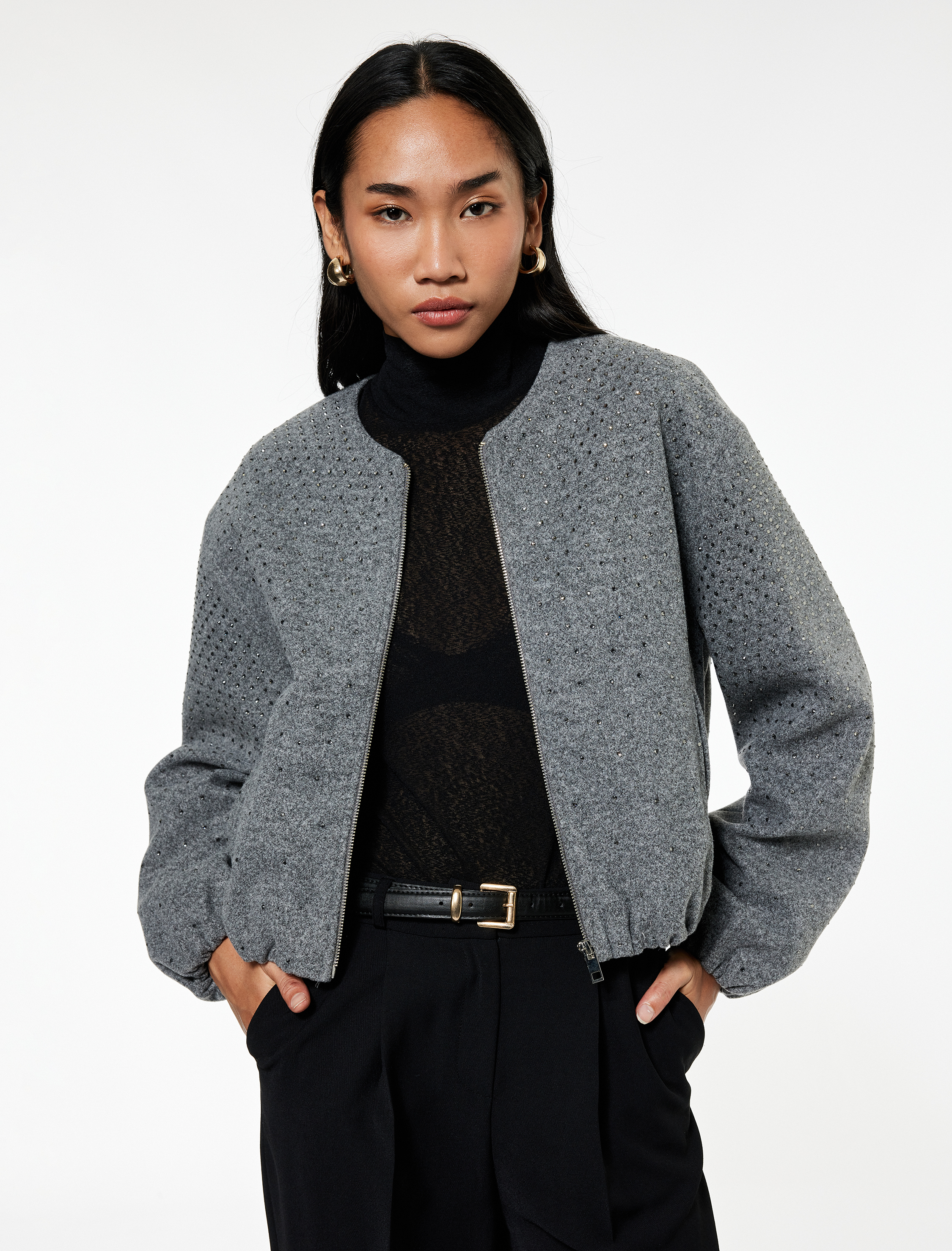   Cepli Uzun Kollu Bisiklet Yaka Crop Taşlı Kaşe Bomber Ceket