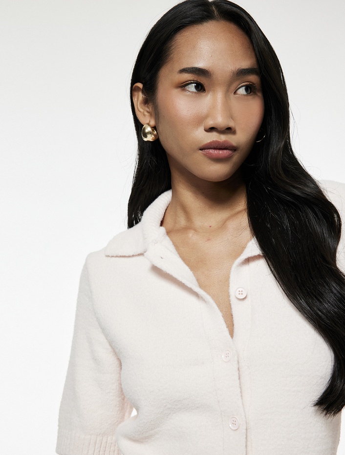  Düğmeli Kısa Kollu Polo Yaka Triko Peluş Hırka