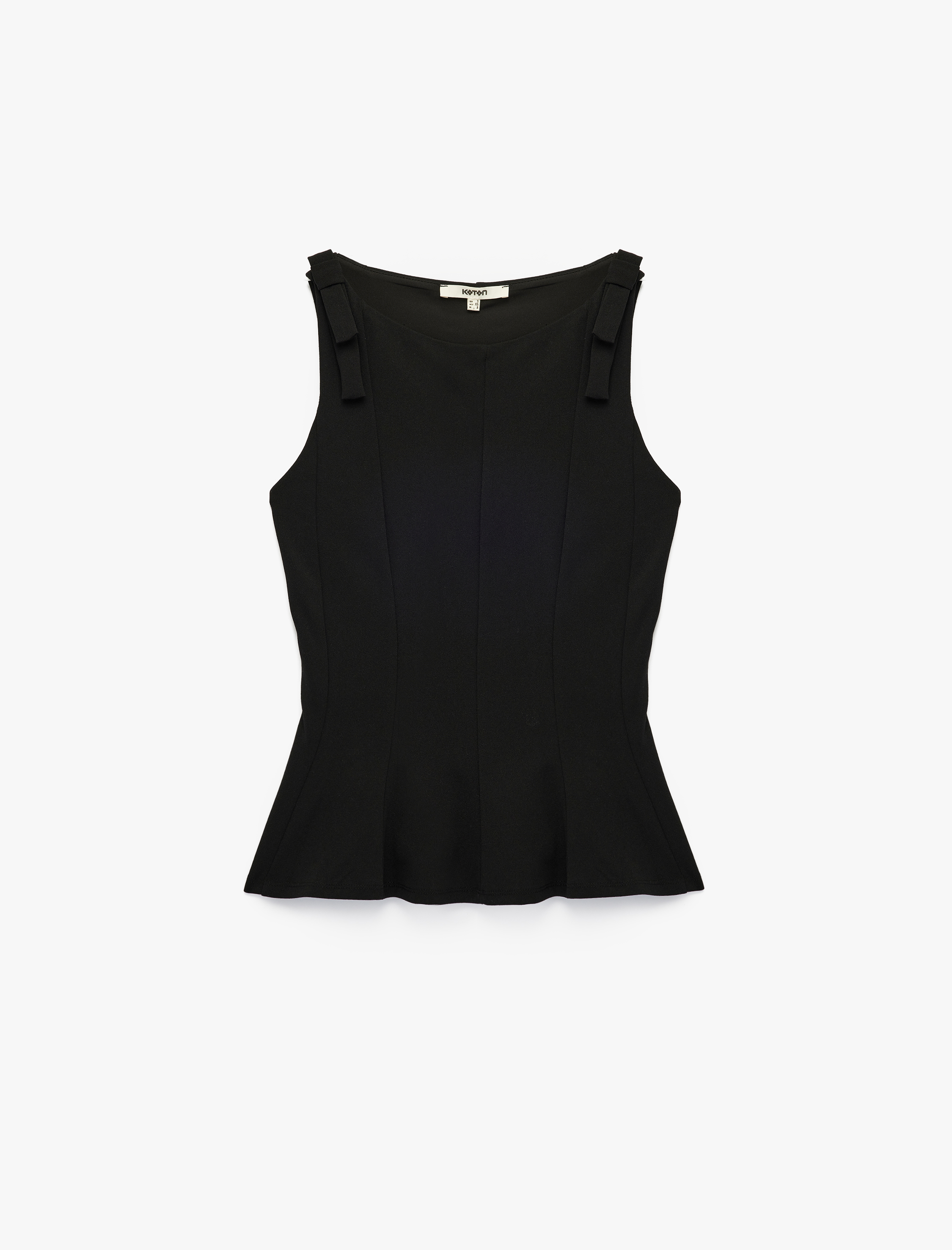   Krep Scuba Kumaş Slim Fit Kolsuz Kayık Yaka Fiyonk Detaylı Peplum Bluz