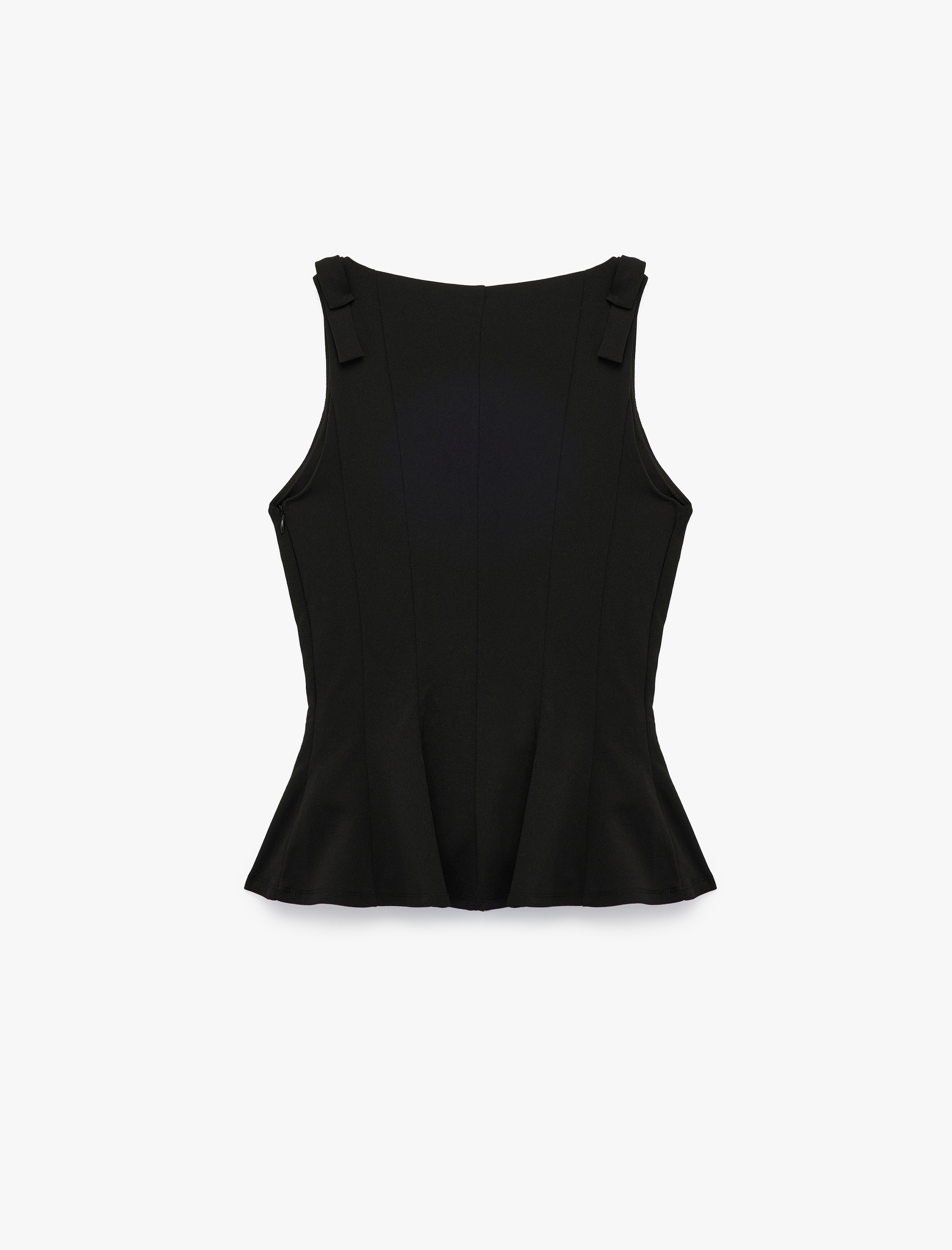   Krep Scuba Kumaş Slim Fit Kolsuz Kayık Yaka Fiyonk Detaylı Peplum Bluz