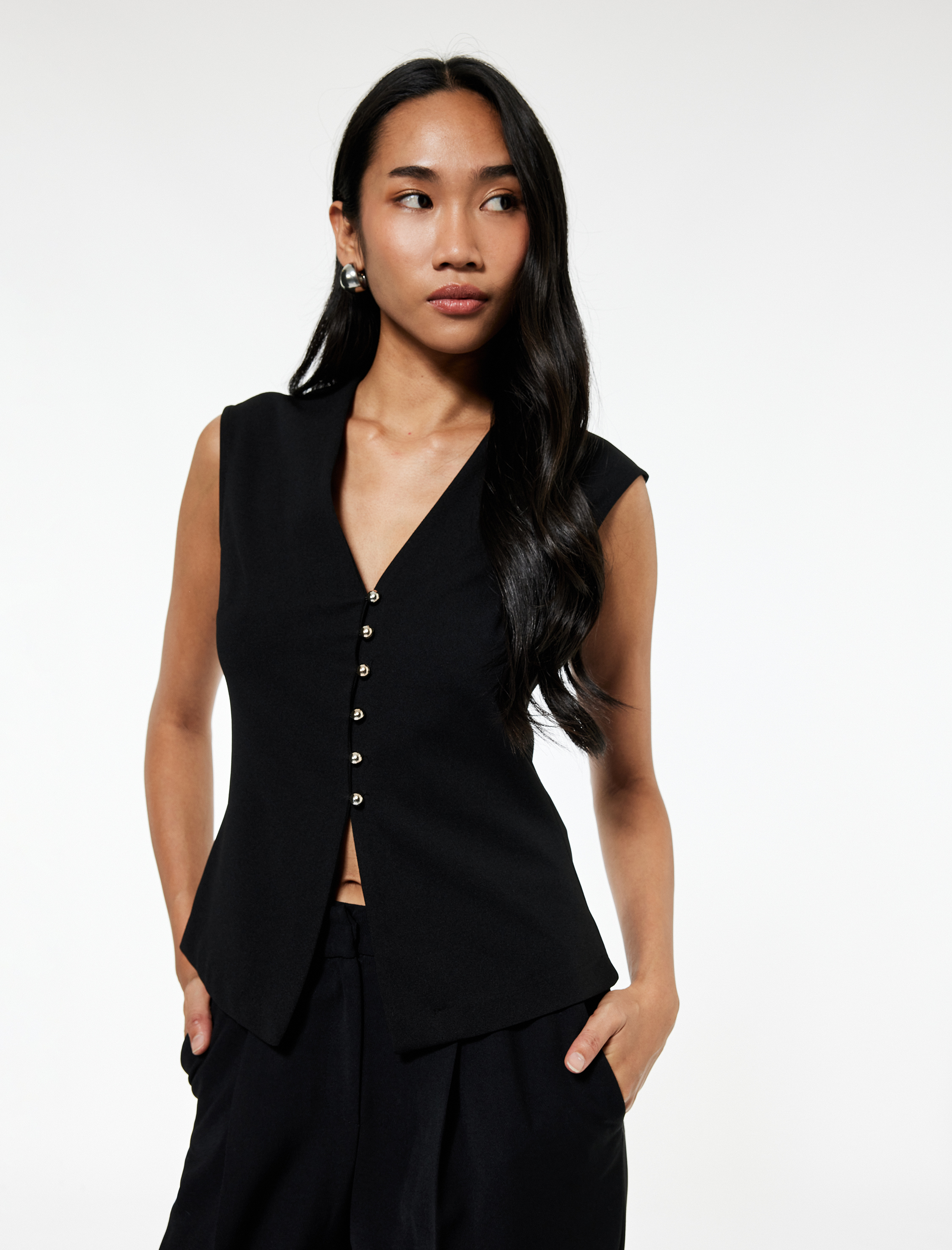   Krep Scuba Kumaş Slim Fit Peplum Kesim Düğmeli V Yaka Yelek