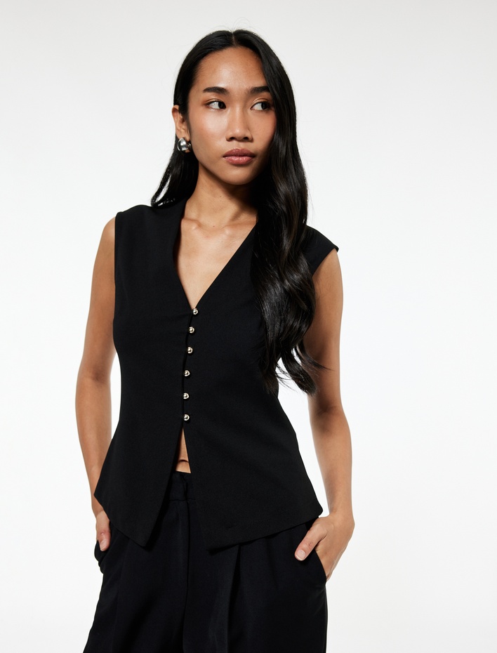  Krep Scuba Kumaş Slim Fit Peplum Kesim Düğmeli V Yaka Yelek