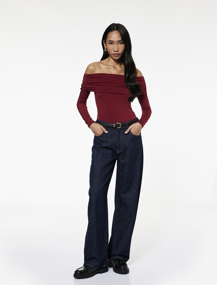 Slim Fit Uzun Kollu Drapeli Omzu Açık Tişört