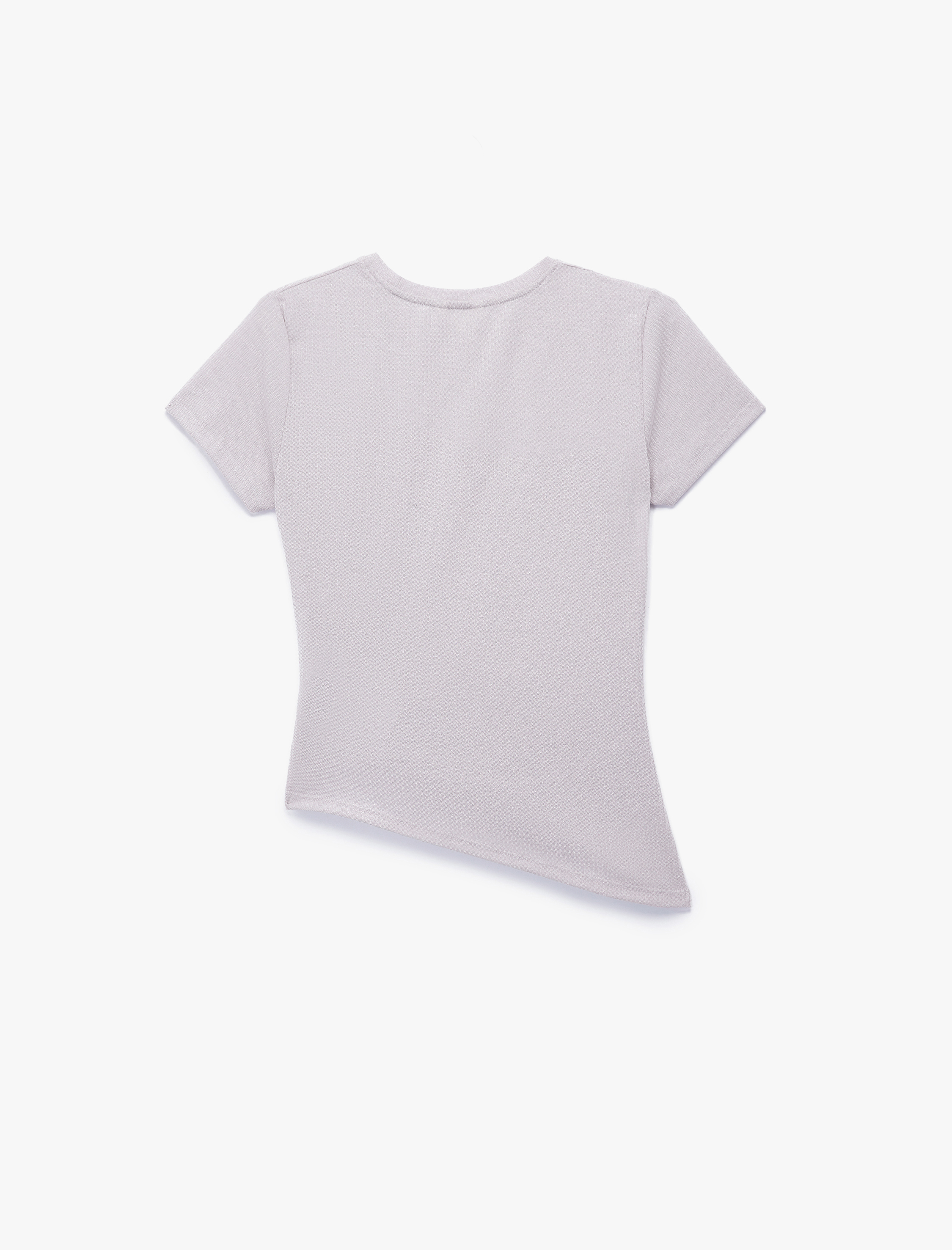   Drape Detaylı Kısa Kollu Bisiklet Yaka Asimetrik Kesim Simli Tişört