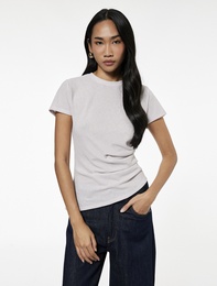 Drape Detaylı Kısa Kollu Bisiklet Yaka Asimetrik Kesim Simli Tişört