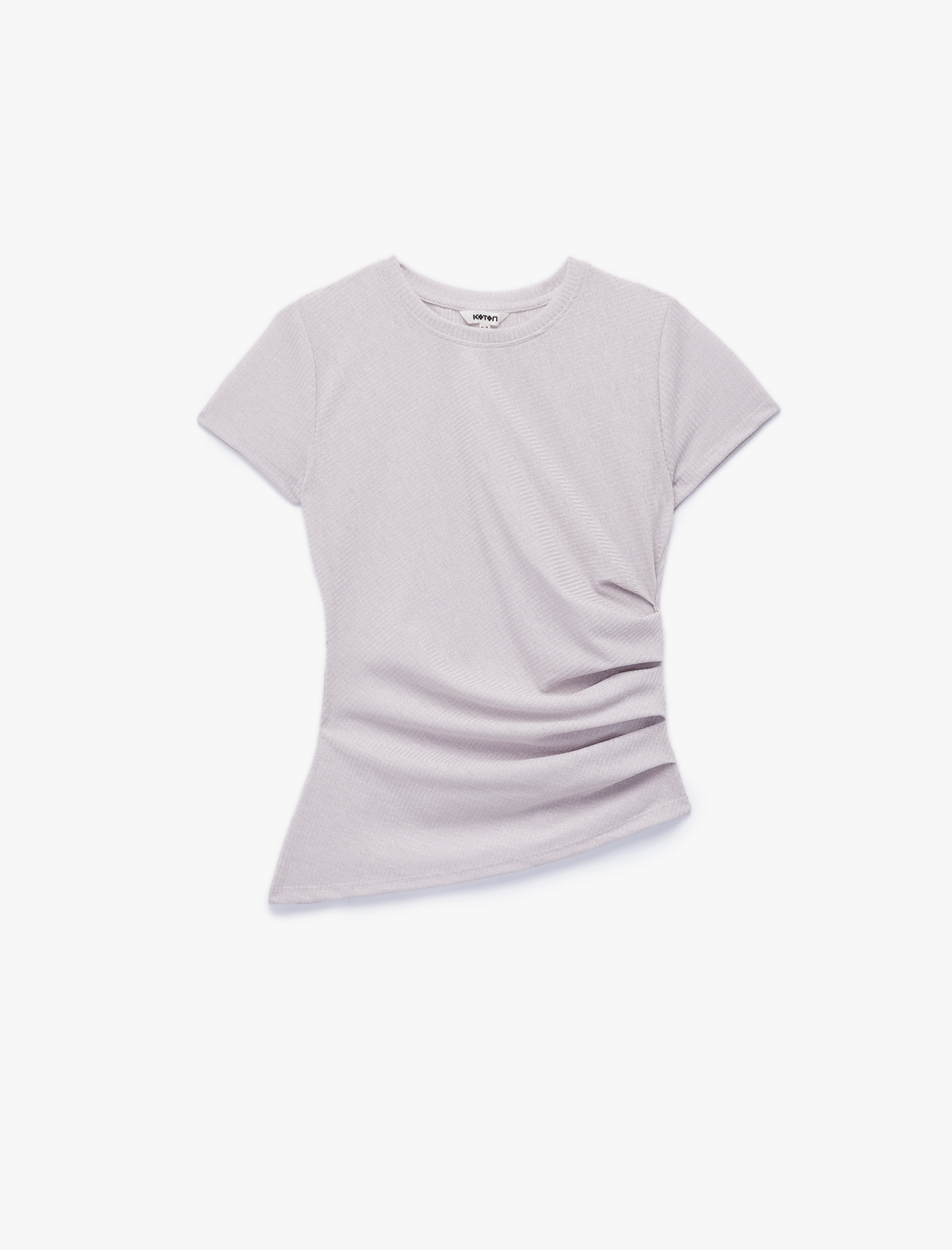   Drape Detaylı Kısa Kollu Bisiklet Yaka Asimetrik Kesim Simli Tişört